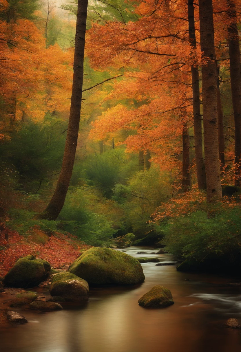 Quiero un bosque de pinos europeo con animales salvajes.