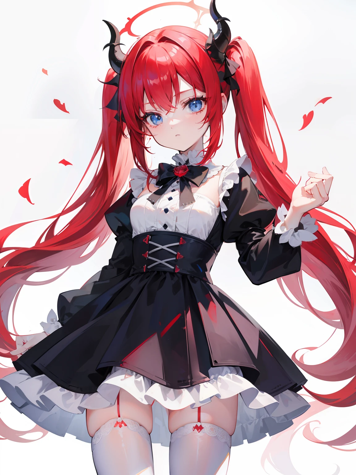 red hair,blue eyes,twintails, long hair, long sleeves, gothic, solo, loli,Short skirt, white stockings,{{best quality}}, {{masterpiece}}, {{ultra-detailed}}, {illustration}, {detailed light}, {an extremely delicate and beautiful},little girl,cute,dragon horns