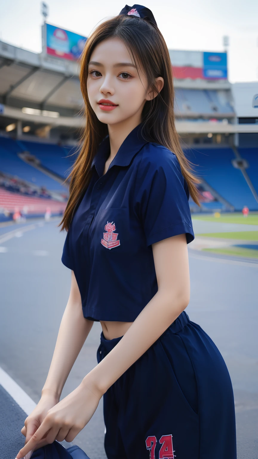 (bestquality,10,10,highres,masterpiece:1.2),ultra-detail,(Realistic,photorealistic portrait,photo-realistic:1.37),1 Cute girl in the football field,oily shiny skin,bara,light smile,BDclothes,((blue shirt:1.3)),short sleeves,Shirt, trousers.,(navy_long_Pants Track:1.1), ((Stadium Background:1.3)),dynamic angle,excited,face focus,Dynamic Poses,from behide,Ass Focus,masterpiece, bestquality, ultra realistic, hyper-detail, 8k resolution, RAW photo, crisp focus, ((Navy blue shirt:1.1)), short sleeves, Long Path, Perfect body, 2 mature women, 18yo, cinematic light,Blue sweatpants,Gymware,Correct anatomy,Complete body, Correct body, sharp face, Anatomically correct body, full entire body, Realistic gestures, long-haired, Realistic poses,Wear long shorts..,Long leg span,Shapely,Sculpting Girl, 2nd Girl Kissing, Realistic kissing, Beautiful skinny girl, mannequin mannequins, Shapely, Beautiful body