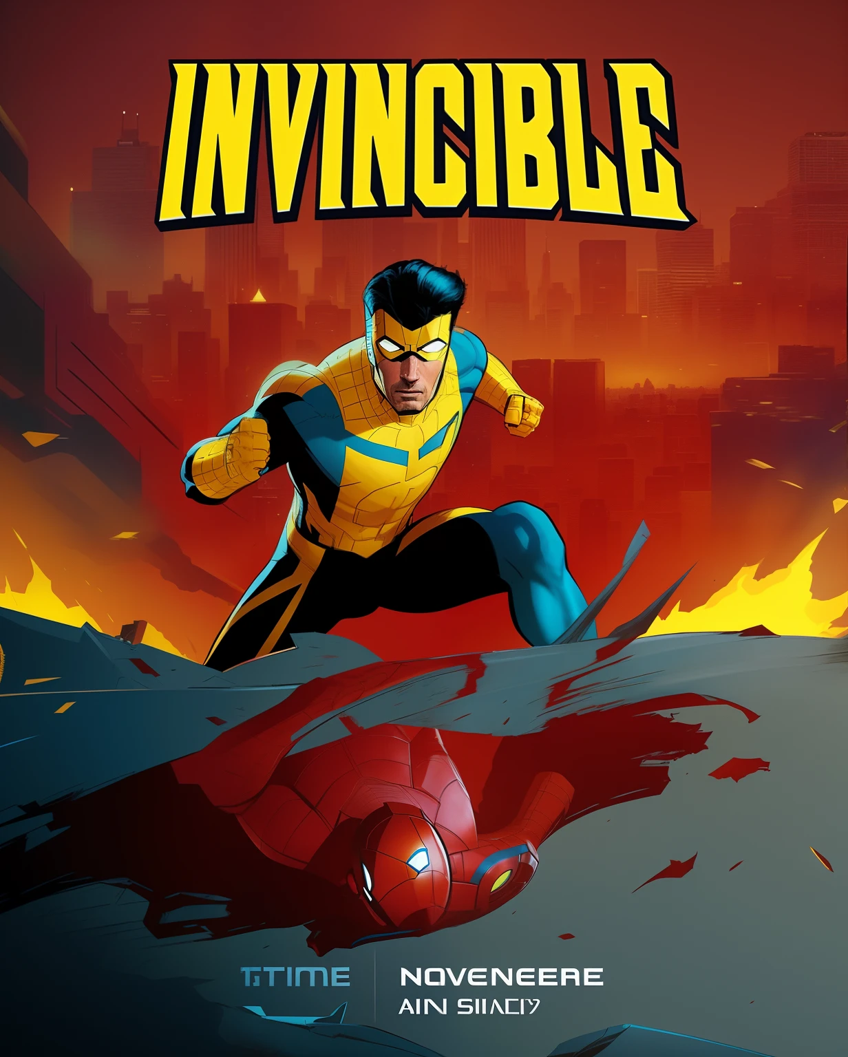 a poster of a man in a yellow and blue outfit running through a city, art of invincible, omni man vs invincible, invincible, standing tall invincible, in style of marvel comics, in style of marvel and dc, epic comic book style, incredible movie poster, in style of marvel, comic book cover visual style, comic book cover style, inspired by Bill Sienkiewicz
