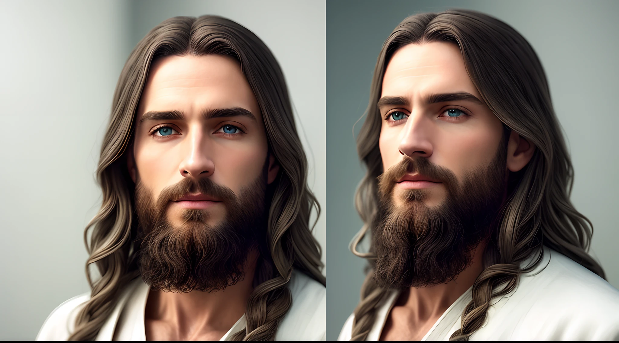 (simetria), um ((nearby)) retrato de cima, (Jesus), um homem branco muito magro, com cabelos longos e barba, wearing a long white tunic, Staff in hand , 35mm, pele natural, detalhes de roupas, textura 8k, 8k, detalhes insanos, detalhes complexos, hiperdetalhados altamente detalhados, realistas, soft Cinematic Light, HDR, foco nítido, ((((cinematic visual)))), intrincado, elegante, altamente detalhado