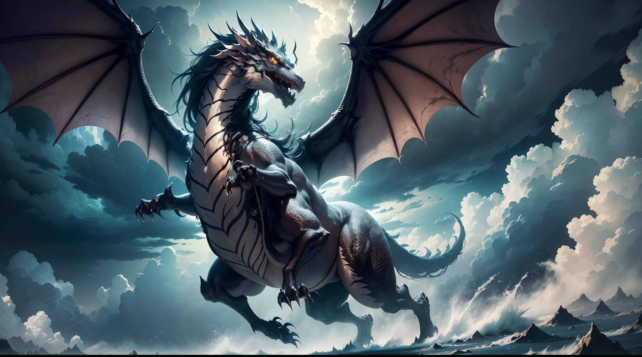 (The main subject: Wide-angle lens), (Best quality, A high resolution, Masterpiece:1.2), (Realistic:1.37), hdr, [（Silver Chinese dragon+majestic posture+flowing mane+sharp claws and fangs)+(Dynamic and powerful wings）], dramatic clouds,(Deep depth of field), rich details​, (Wide sky), (sense of vastness),Energy and vitality, Intricate details.