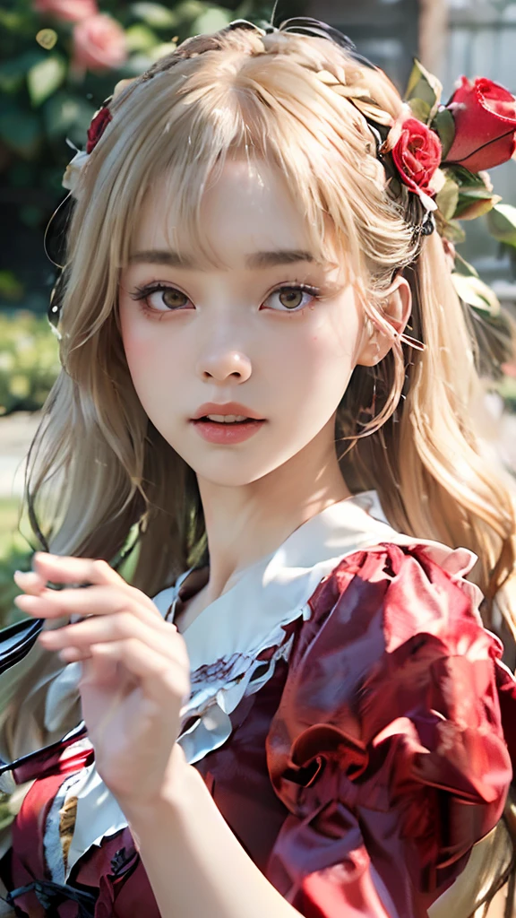 (​master piece:1.2, Best Quality), Realistic, (real picture, Intricate details, depth of fields), highly-detailed, ((red Lolita Dress, puff sleeves)), (Neat face), (Teenage Japanese girl dancing in a rose garden), (light blonde hair, long wavy hair, Blunt bangs), Fair skin, Parted lips, roses:1.5