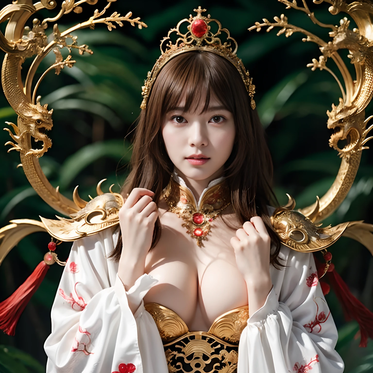 (Fight fiercely with dragons)、top-quality、masterpiece、超A high resolution、(White Dragon Armor)、dragon armor、(Wearing a beautiful crown made of jewels),(Photorealsitic:1.4)、Raw photo、1人、Golden hair、glowy skin、(((Chinese Dragon)))、(Gorgeous Jewelry Necklaces)、(Mystical expression)、(Fight big dragons)、With a beautiful knife、(White Metal Bodysuit)、(beautiful forest background)、Precipitous cliffs、(Small LED)、((super realistic details))、portlate、globalillumination、Shadow、octan render、(One-Eyed Scouter)、8K、ultrasharp、Colossal tits、Raw skin is exposed in cleavage、metals、Details of complex ornaments、Japan details、highly intricate detail、Realistic light、CGSoation Trends、Red Eyes、radiant eyes、Facing the camera、neon details、(Mechanical limbs)、(blood vessels connected to tubes)、Mechanical vertebrae attached to the back、mechanical cervical attaching to neck、(Wires and cables connecting to the head)、Gundam、Small LED、,Mechanical thighs、Toostock、(Hands are also made of machines)、(veils)、