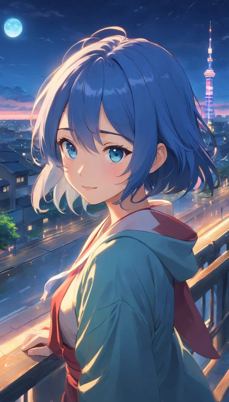best qualtiy,tmasterpiece,Very detailed,Face Details,8K, 细致背景,1girll,独奏,Blue hair,e Blue Eyes,,short-hair,Wavy Hair,voluminous hair,,,Blushlush,ssmile,shawls,Near Future City,Japanese clothes,the night,themoon,scenecy,high place,Horizon,the wind,Blowing wind,flowerbed,looking at viewert