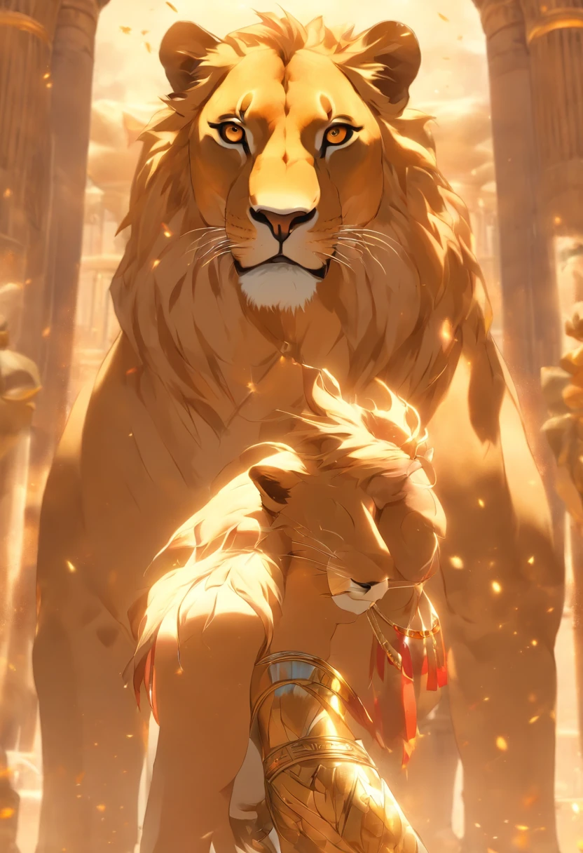 (((Woman's body and lioness's head))), best quality, very high resolution, 4K detailed CG, masterpiece, Egyptian mythology, SEKHMET, sun in the background, Ancient Egypt, standing pose, lioness goddess, adornments , Egyptian clothing,desert, Ancient Egypt, ((feline head, woman body)), Egyptian palace, aesthetics, beautiful image, centered on screen, standing pose