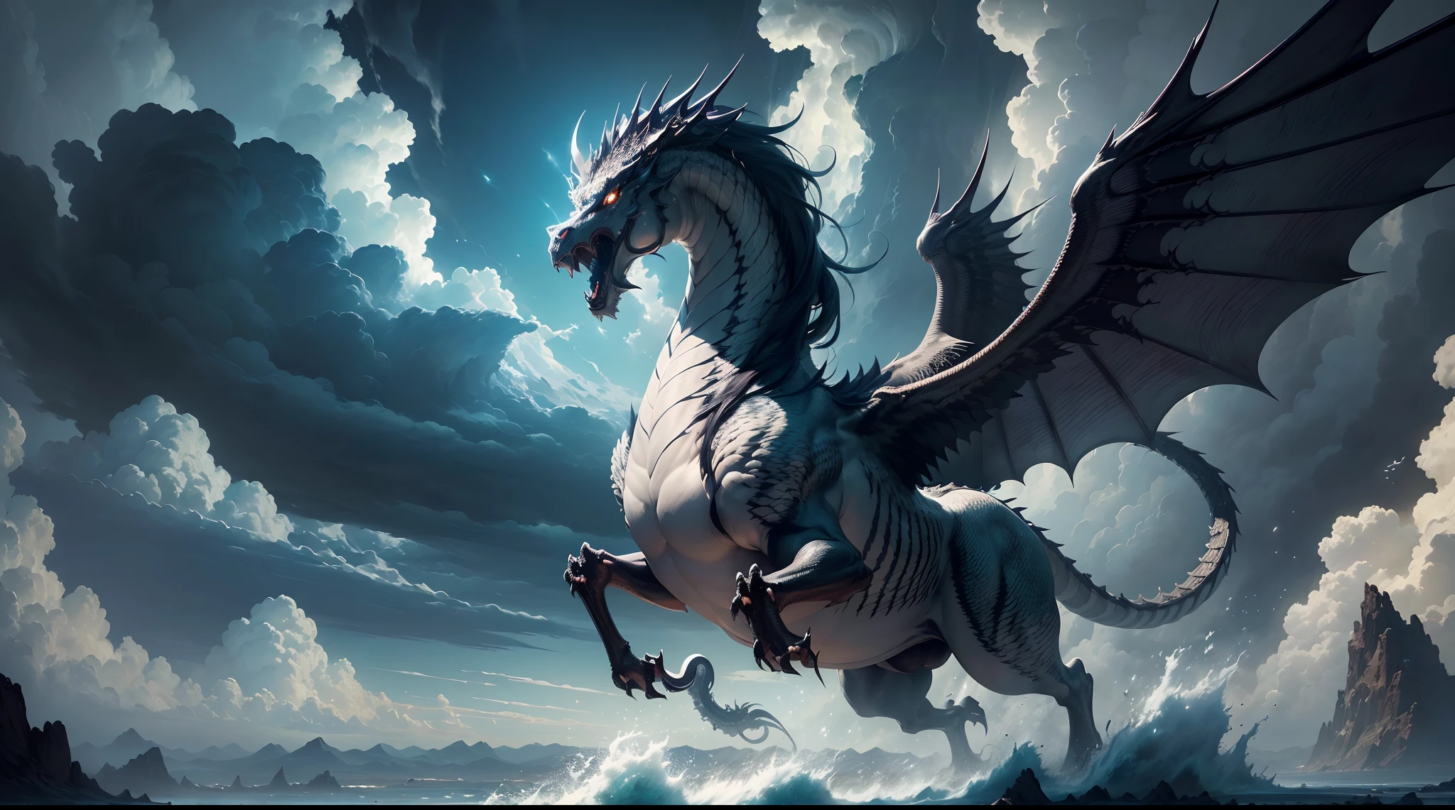 (The main subject: Wide-angle lens), (Best quality, A high resolution, Masterpiece:1.2), (Realistic:1.37), hdr, [（Silver Chinese dragon+majestic posture+flowing mane+sharp claws and fangs)+(Dynamic and powerful wings）], dramatic clouds,(Deep depth of field), rich details​, (Wide sky), (sense of vastness),Energy and vitality, Intricate details.