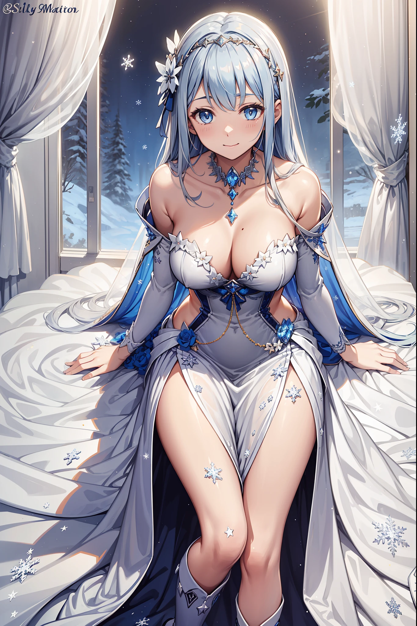 saints，seductiv，having fun，Being in love，(Western magic white dress)，silber hair，eBlue eyes，Suitable transparent clothing，Decoration of saints，Sky blue cloth，Snowflake pattern，Sky blue pattern，Snowy nights，Transparent lace，exquisite costumes，Bedrooms，solo person，the night，Engraved translucent boots，Delicate and beautiful face