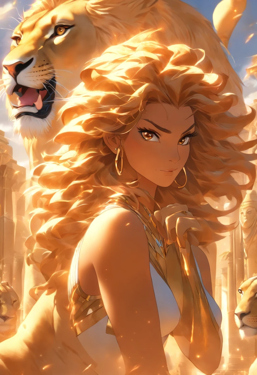 (((Woman's body and lioness's head))), best quality, very high resolution, 4K detailed CG, masterpiece, Egyptian mythology, SEKHMET, sun in the background, Ancient Egypt, standing pose, lioness goddess, adornments , white clothes, Egyptian clothes, desert, Ancient Egypt, ((feline head, woman body)), Egyptian palace, aesthetics, beautiful image, centered on screen, standing pose