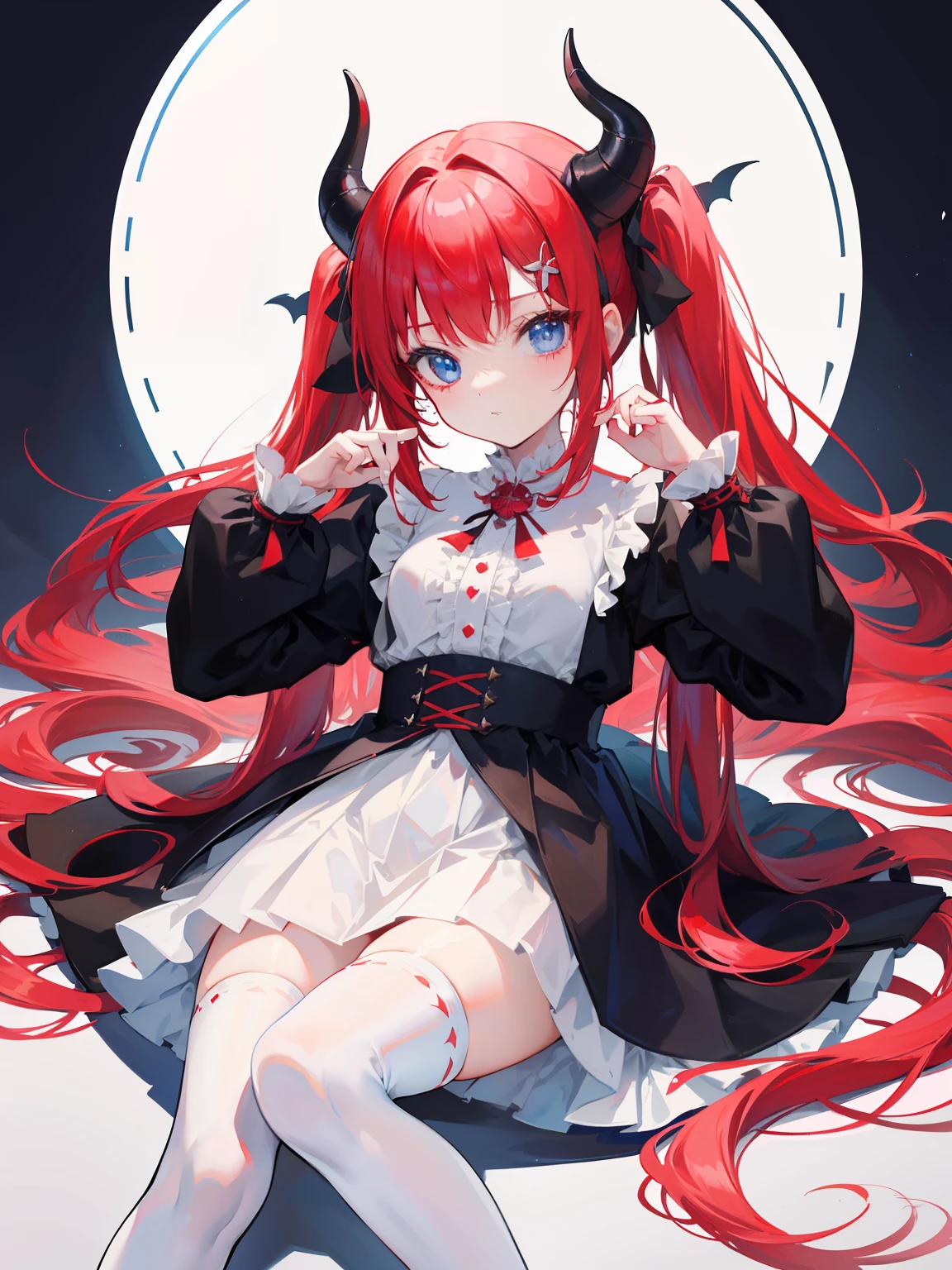 red hair,blue eyes,twintails, long hair, long sleeves, gothic, solo, loli,Short skirt, white stockings,{{best quality}}, {{masterpiece}}, {{ultra-detailed}}, {illustration}, {detailed light}, {an extremely delicate and beautiful}, girl,cute,dragon horns