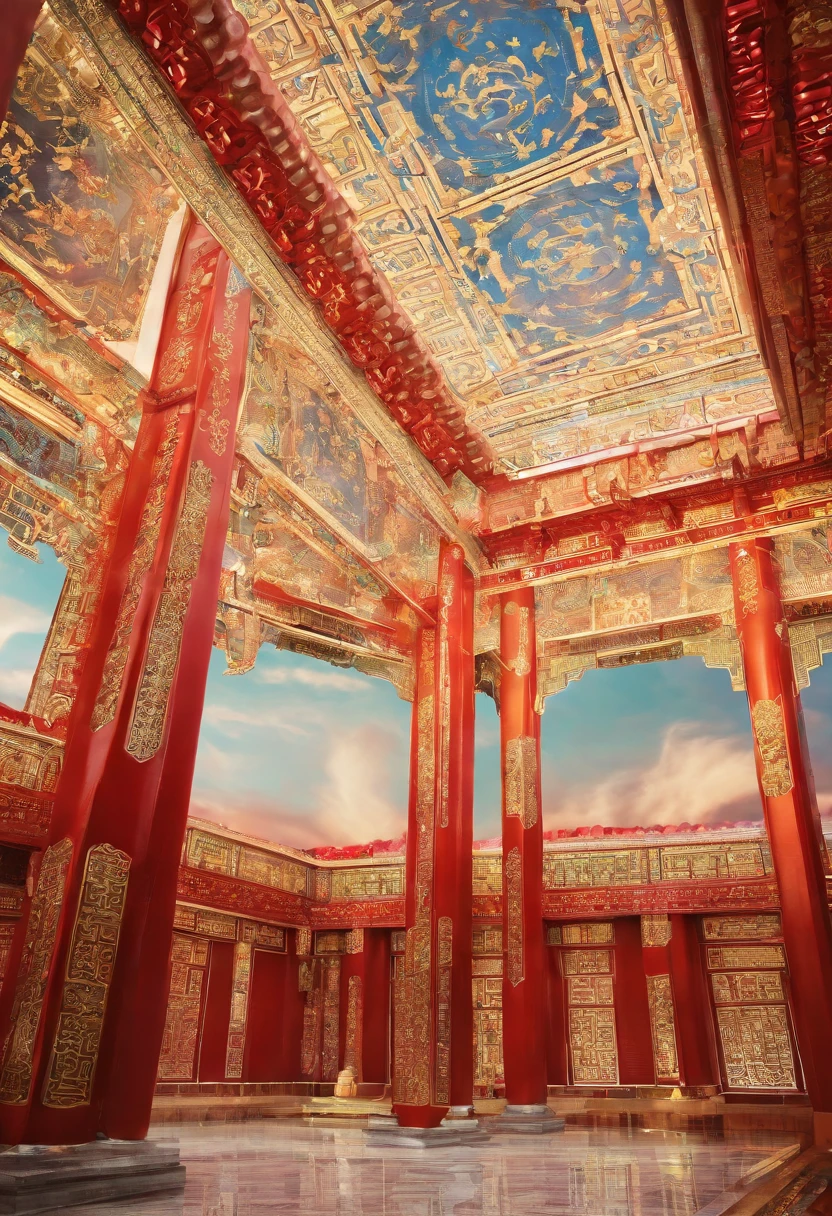 Chinese palace of the Tang Dynasty, in wonderland, surrounded by cloud, Far perspective, 。.。.3D, China-style, Reddish yellow tones。8K, High detail, Chiaroscuro, Depth of field, god light, stereograms, hyper HD, hyper HD, Textured skin, High details --auto