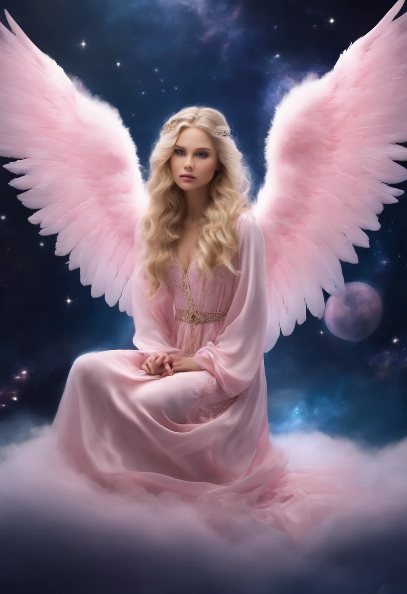 Little winged girl (light pink wings) kneeling on a cloud, fair skin, long blonde hair, pink eyes, flying in the galaxy.