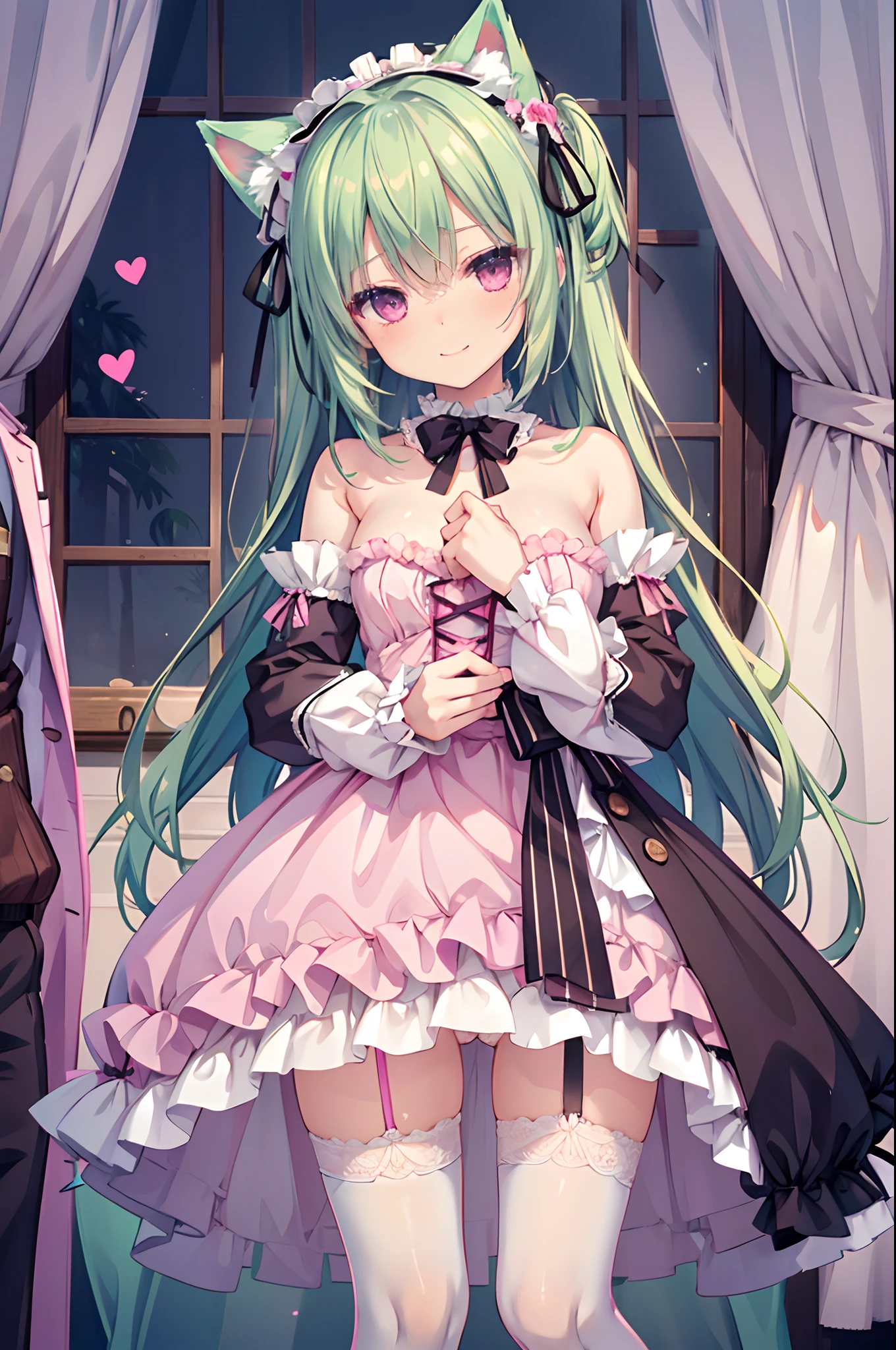 NSFW,Cuckold,gangbang,3boys,3penis,faceless male,vaginal,sex,intercourse with a man,Pink Lolita Clothes,Green hair,Striped socks，evil smile,Raising,blushed face,Cat ears，Pink eyes,Light blue Lolita,garter strap,Top image quality,Best Quality