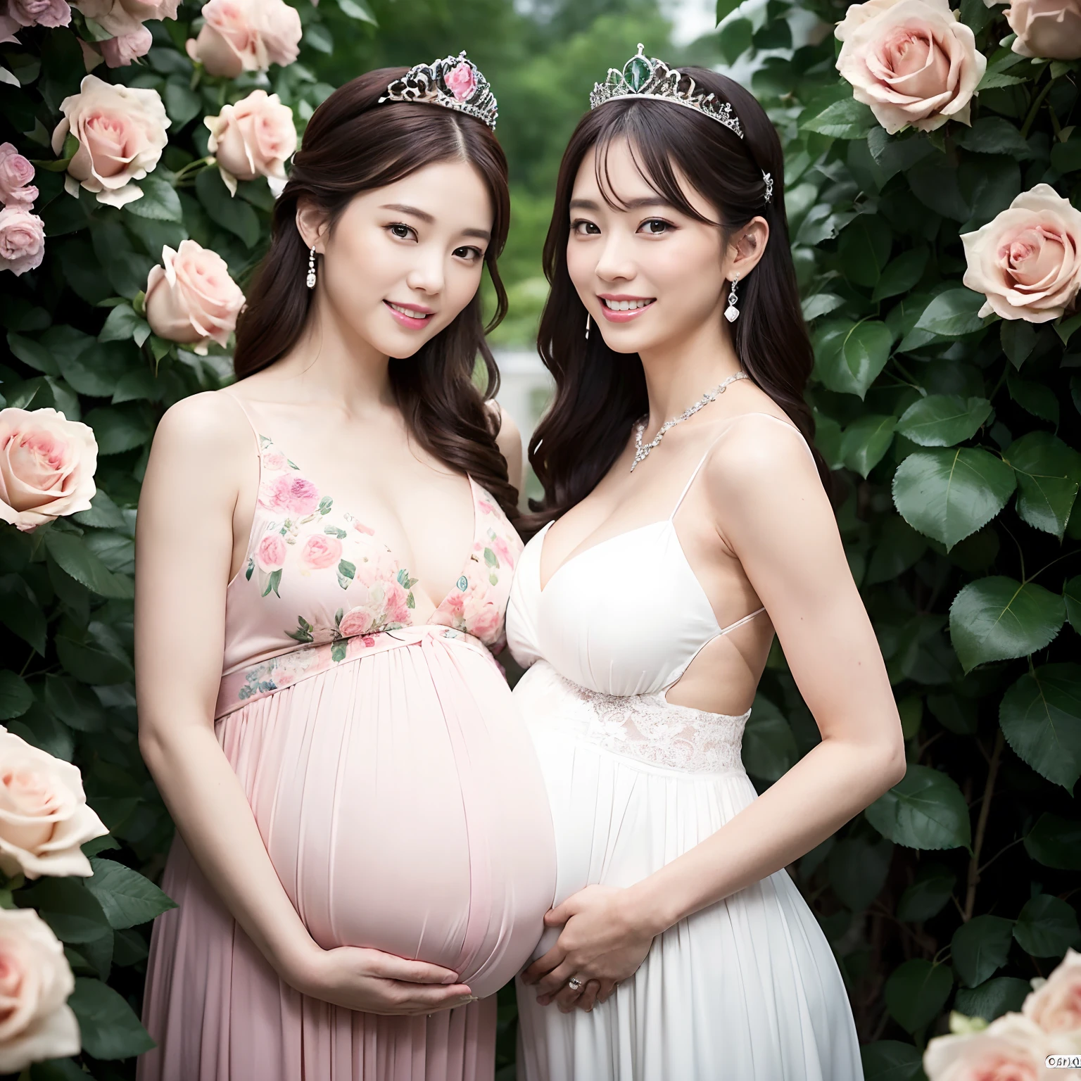 ((Pregnant Woman,Pregnant,Pregnant women in Japan,Pregnant women,Pregnancy,Japan pregnant women,Big belly,Very big belly)),Smile here,View here,Looking at the camera,finerly detailed face,Lifelike face,A slight smil,beautiful tiara,Tiara Tiara with jewels,Sparkling tiara,8K、hightquality、The best images、beautiful image、flower gardens、(Roses on both sides,Flowers on both sides,Pink and white roses,numerous roses,Pink roses,White roses,Bride surrounded by flowers)、bride、A slight smil、wedding dress、Fantastical