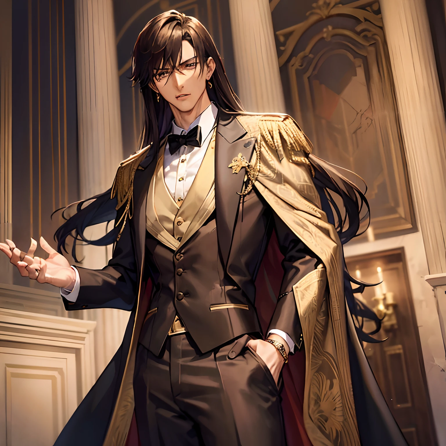 Tall uptight man, long brown hair, brown eyes, standing in a nightclub, dressed in a fancy expensive black suit with a golden watch, golden earrings, golden necklace, fancy, rich, neutral facial expression, muscular, one man, Toji Fushigoro, Fushigoro Toji, muscular male