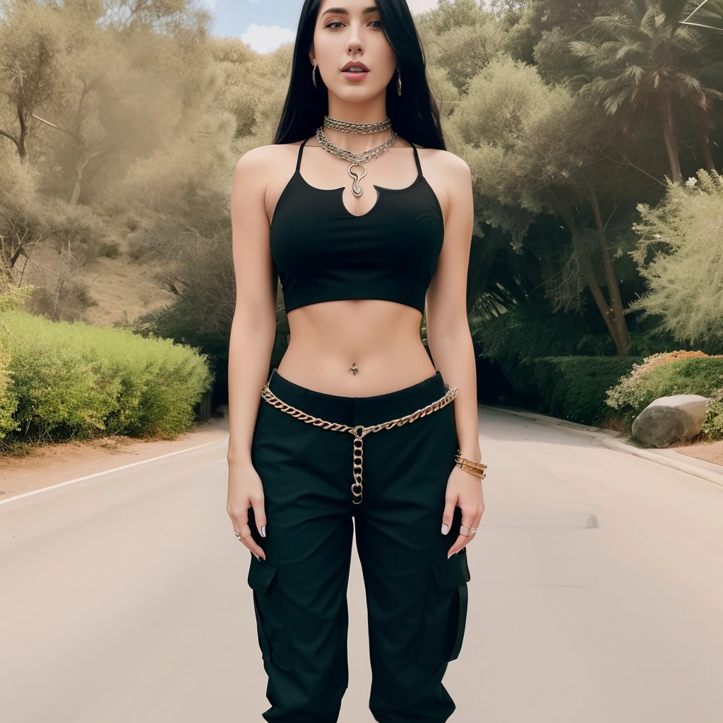 she’s wearing black cargo pants with Chains on them and a black crop top that goes up to her neck with a heart shaped key hole she is also 6’6, she has a mouth across her stomach, chest, neck, and back