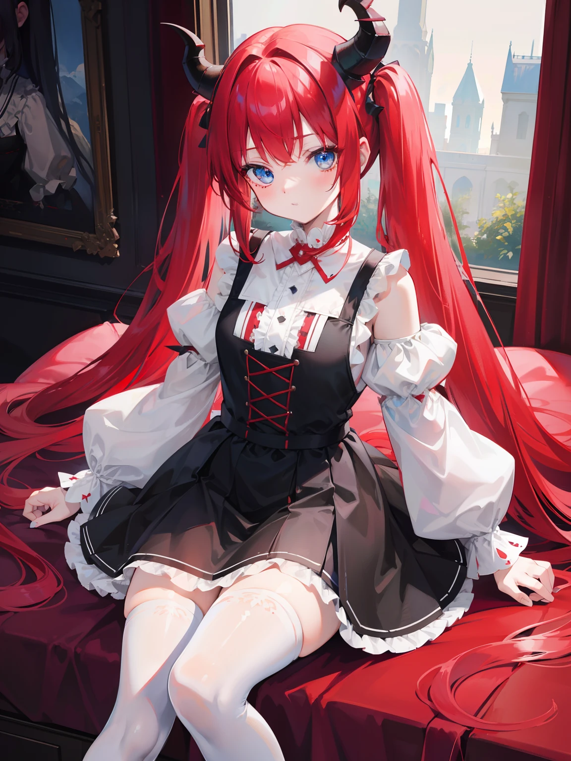 red hair,blue eyes,twintails, long hair, long sleeves, gothic, solo, loli,Short skirt, white stockings,{{best quality}}, {{masterpiece}}, {{ultra-detailed}}, {illustration}, {detailed light}, {an extremely delicate and beautiful}, girl,cute,dragon horns