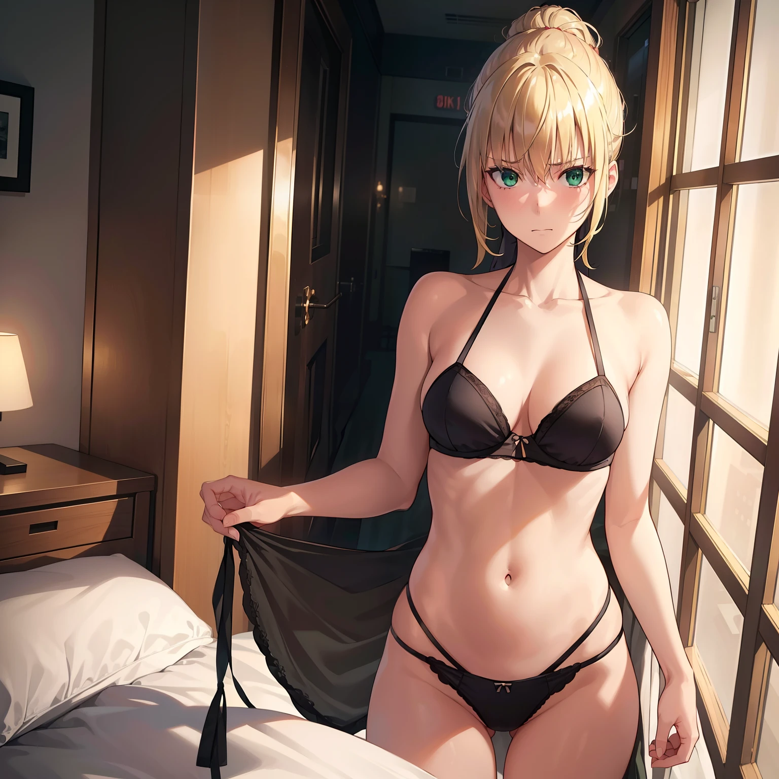 1girl,small breasts,hotel room,bed,(8k),
,detailed face,blond hair,green eyes,medium hair,bun,embarassed,shy,high_res, high_definition,sexy pose,black sexy lingerie,open legs,