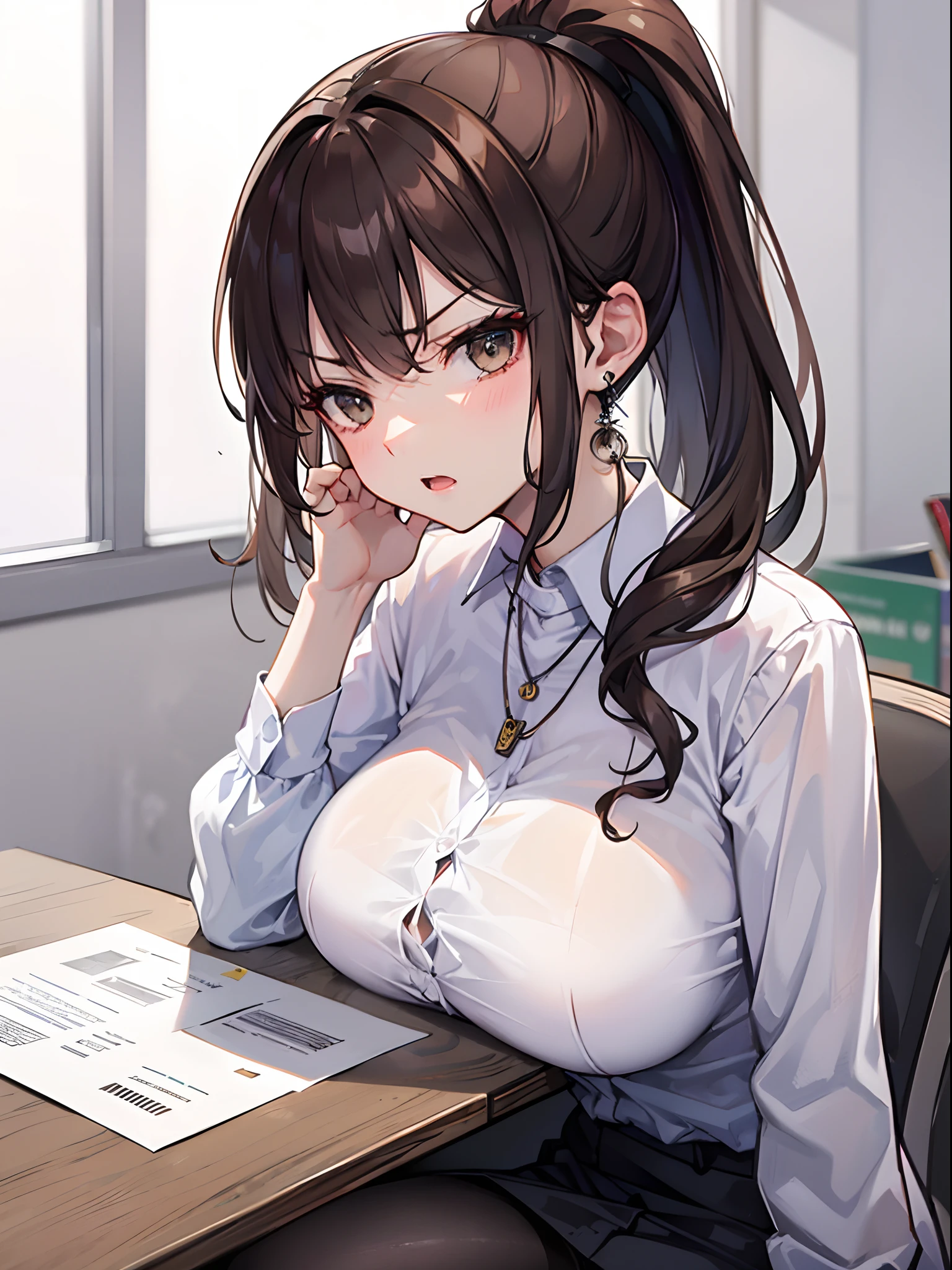 In office, computer, desk, high resolution, 8k, masterpiece, best quality, 1girl, brown hair, short curl hair, ponytail, mature female, OL outfit, office lady outfit, business girl outfit, pantyhoses, nameplate, earrings, necklace, breasts on table, breast rest, angry, open mouth, side view, side boob, side breast, holding paper, holding files,