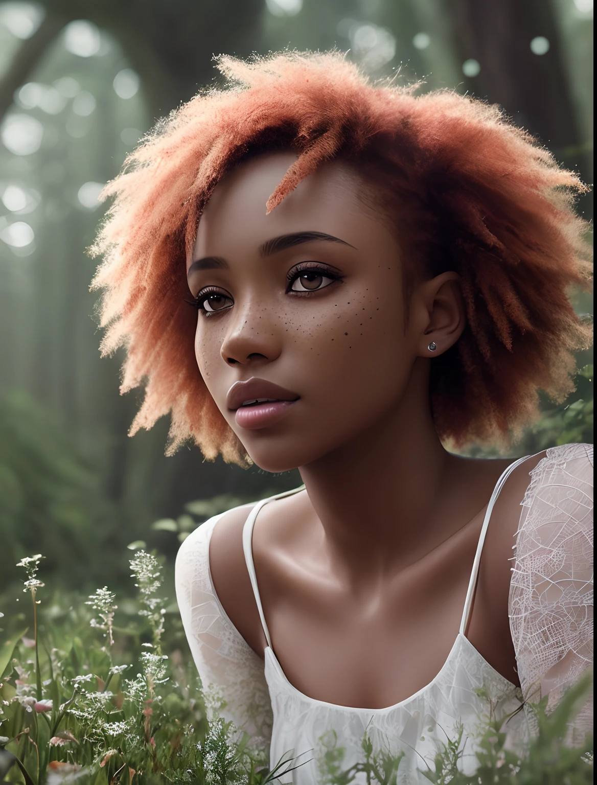 (Sensual, beautiful face), transparent white dress, forest moss (freckles: 0.8), flower field, curly red hair, dark skin, magical atmosphere (short hair), (detailed skin, skin texture), (intricate detailing, fine details, hyper detail), ray tracing, subsurface scattering (fantastic underground world in the background), diffuse soft lighting, sharp focus bokeh (photo quality: 1.4)