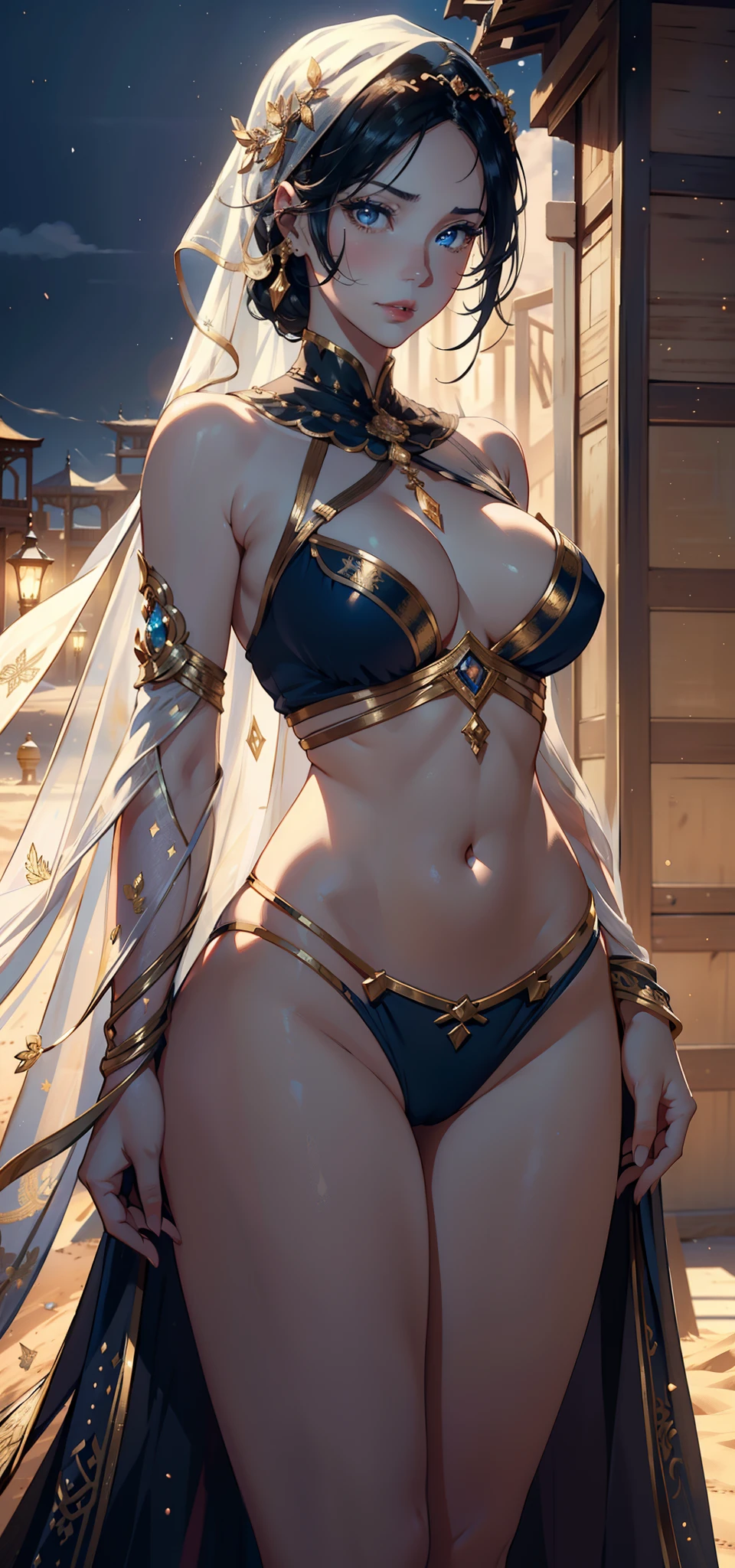 1female,35yo,plumw,extremely large bosom, 独奏,(Background with:,A desert,sand dune,) She has short black hair,bobo head,Standing in the desert,,seen from the front, hair straight, mostly cloudy sky,(((tmasterpiece),(Very detailed CG unity 8K wallpaper),best qualtiy,cinmatic lighting,detailed back ground,beatiful detailed eyes,Bright pupils,Blue eyes,Snow-whiteskin,Redlip(Very fine and beautiful),(Beautiful and detailed eye description),ultra - detailed,tmasterpiece,))facing at camera,A high resolution,ultra - detailed),revealing breasts,Bare genitalia, Bulge,legs are open,Raised sexy,Camel toes,Flushed complexion,Desire for dissatisfaction,frontage,Arabic style(Wearing:veils,hijabi sluty,wedding gown,Transparent robe,Gold wire embroidery,cloaks)