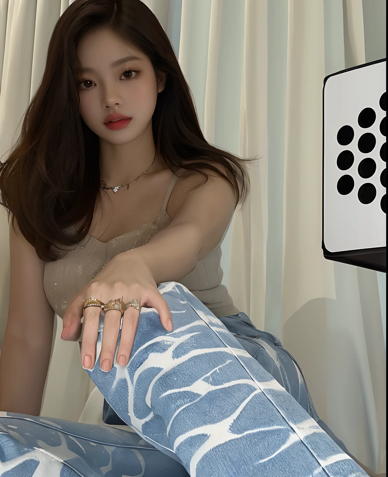 There's a woman sitting on a bed with a blue and white blanket, jennie blackpink, jossi do blackpink, Jinyoung Canela, Heonhwa Choe, Retrato de Jossi de Blackpink, Gongbi, Parque Roseanne do Blackpink, Jaeyeon Nam, tzuyu de duas vezes, TaeJune Kim, photo of a hand jewellery model, Album art, imagem vazada