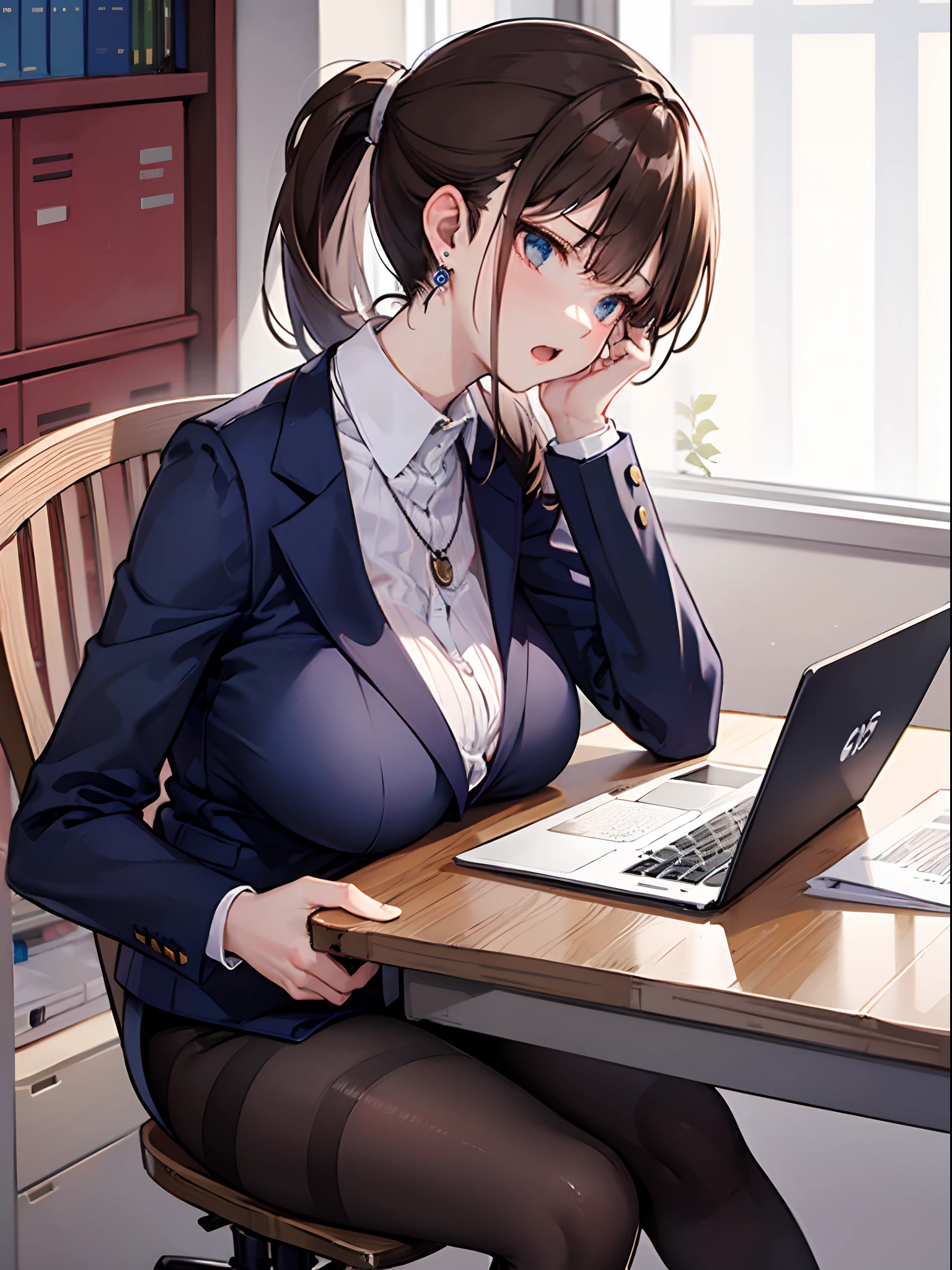 In office, computer, desk, high resolution, 8k, masterpiece, best quality, 1girl, brown hair, short curl hair, ponytail, mature female, OL outfit, office lady outfit, business girl outfit, pantyhoses, nameplate, earrings, necklace, breasts on table, breast rest, angry, open mouth, side view, side boob, side breast, holding paper, holding files,