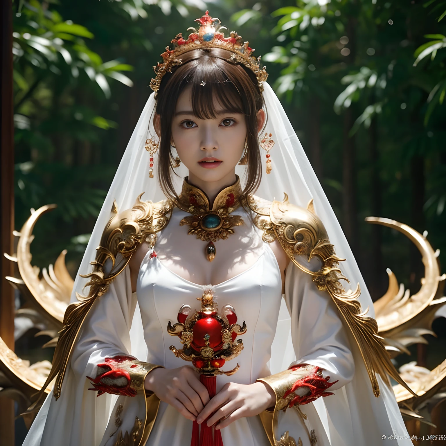 (Fight fiercely with dragons)、top-quality、masterpiece、超A high resolution、(White Dragon Armor)、dragon armor、(Wearing a beautiful crown made of jewels),(Photorealsitic:1.4)、Raw photo、1人、Golden hair、glowy skin、(((Chinese Dragon)))、(Gorgeous Jewelry Necklaces)、(Mystical expression)、(Fight big dragons)、With a beautiful knife、(White Metal Bodysuit)、(beautiful forest background)、Precipitous cliffs、(Small LED)、((super realistic details))、portlate、globalillumination、Shadow、octan render、(One-Eyed Scouter)、8K、ultrasharp、Colossal tits、Raw skin is exposed in cleavage、metals、Details of complex ornaments、Japan details、highly intricate detail、Realistic light、CGSoation Trends、Red Eyes、radiant eyes、Facing the camera、neon details、(Mechanical limbs)、(blood vessels connected to tubes)、Mechanical vertebrae attached to the back、mechanical cervical attaching to neck、(Wires and cables connecting to the head)、Gundam、Small LED、,Mechanical thighs、Toostock、(Hands are also made of machines)、(veils)、