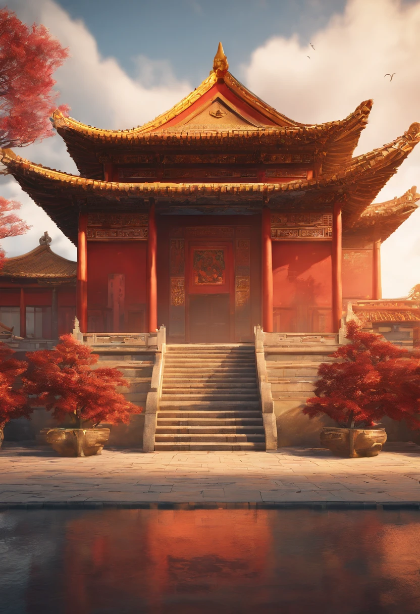 Chinese palace of the Tang Dynasty, in wonderland, surrounded by cloud, Far perspective, 。.。.3D, China-style, Reddish yellow tones。8K, High detail, Chiaroscuro, Depth of field, god light, stereograms, hyper HD, hyper HD, Textured skin, High details --auto