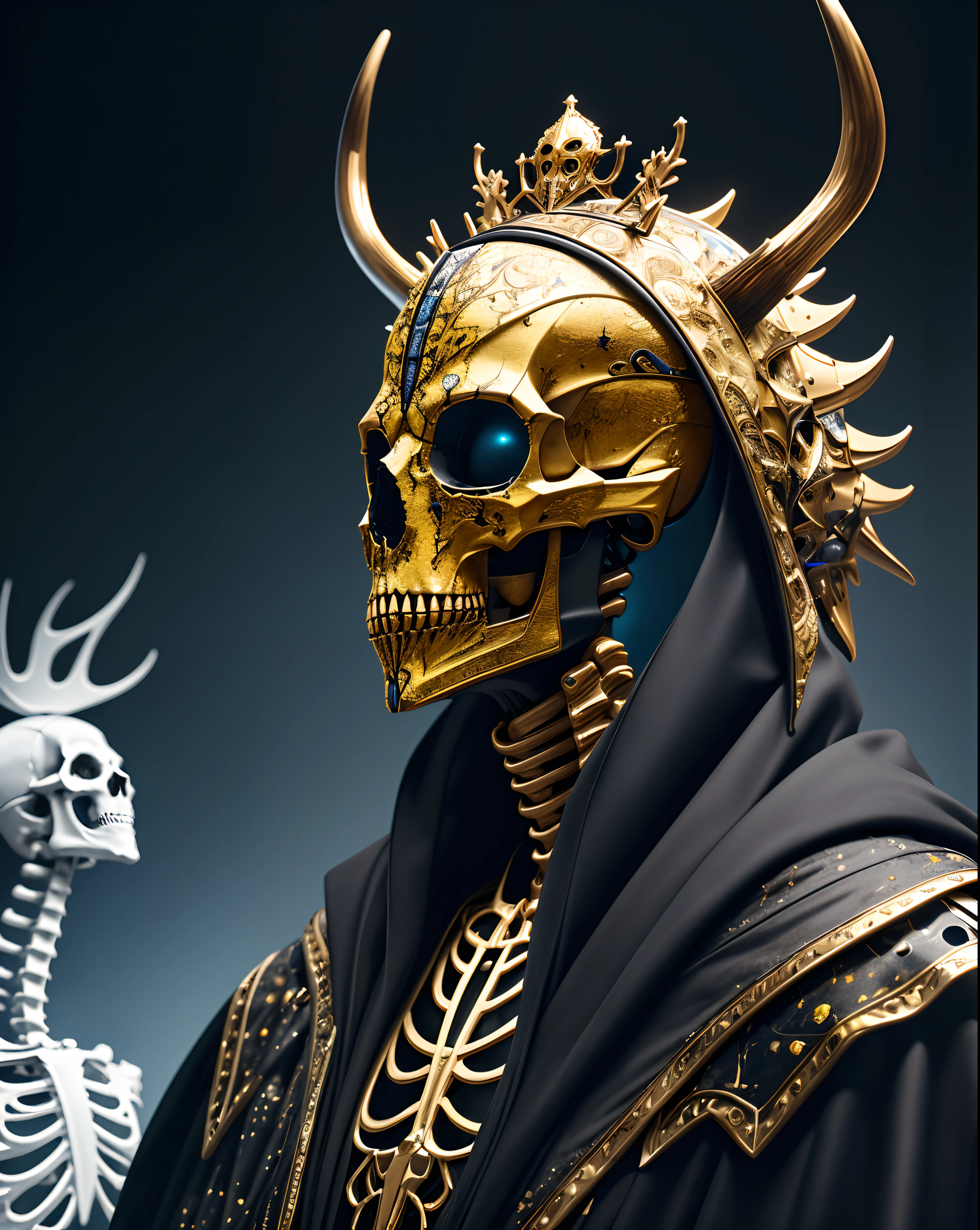 1man, good shape, a surreal paint splatter painting of the kinginyellow wearing a cloak and a mask, antlers, crown, cosmic background, gold and white and black color scheme, a bad woman in a futuristic suit with a ((skeleton head)) ((which disintegrates)), cybernetic, cyberpunk art, computer art, detailed eyes, (highly detailed skin:1.2), (realistic lighting:1.1), (realistic shadows:1.1), ((best quality)), (detailed), 8k uhd
