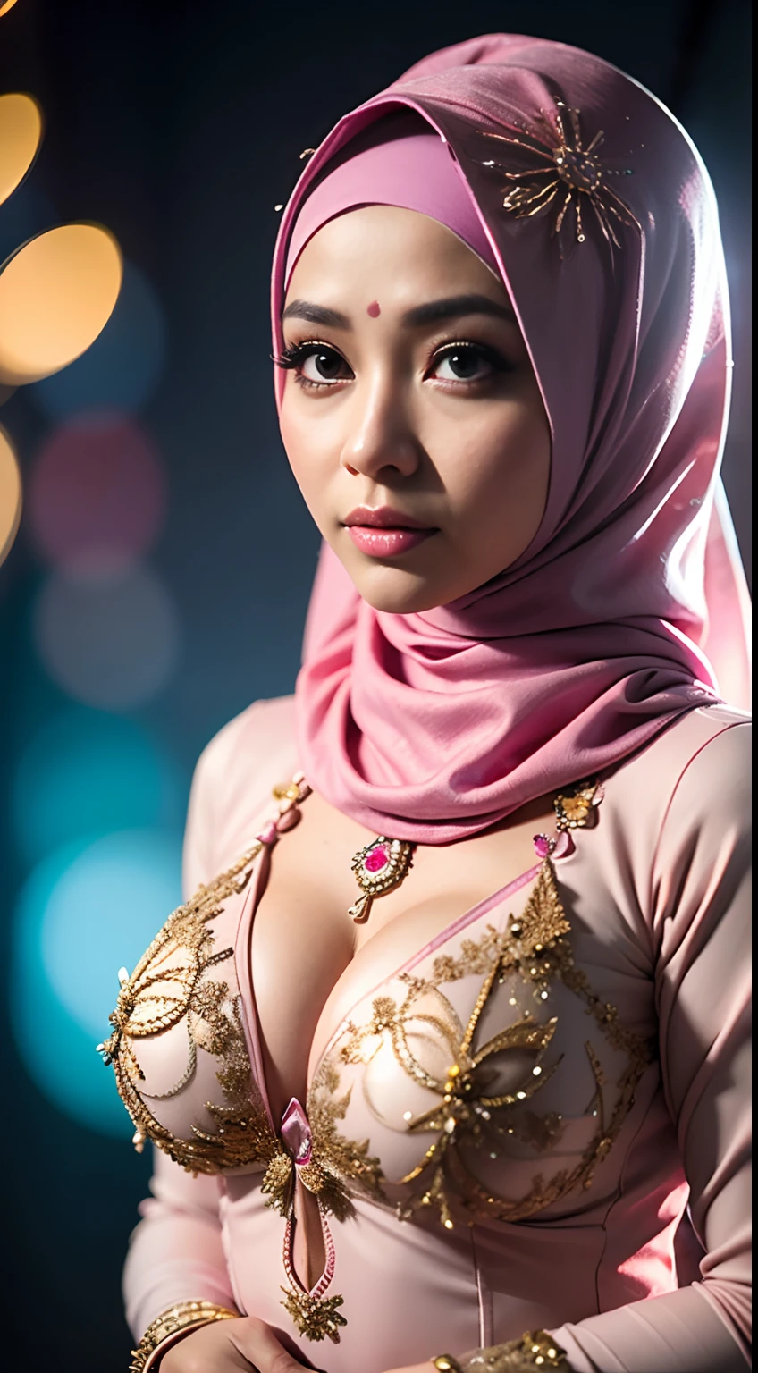 1 malay girl , modern plain hijab,  shy, medium portrait shot , watery  eyes , pink glowing particles, big breast, wear java wedding woman in kebaya dress berendra, kebaya batik, golden kebaya, (big breast) , pink light bokeh background, proportional body,