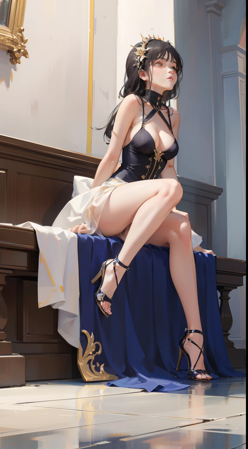 (Masterpiece),Best quality, Expressive eyes, Perfect face,W Seated, W sat on the ground, Legs on the ground, 1girll,
big breast, H-cup, Good breasts,Focalors, Cross arms, Beautiful, Gorgeous