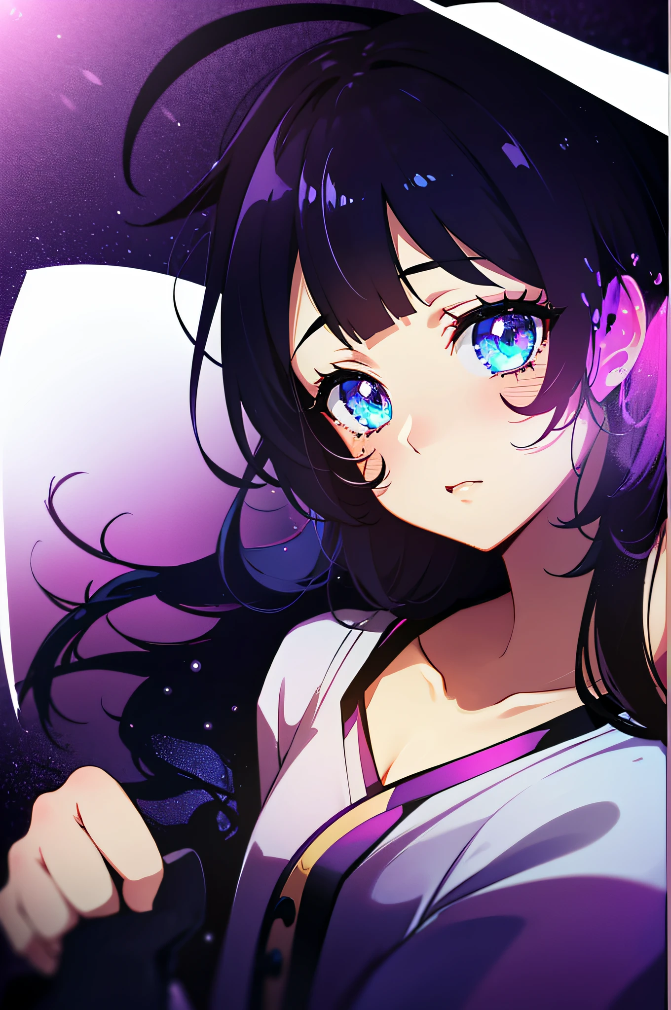 (masutepiece:1.3), (Best Quality:1.3), High resolution, Couboy Shot, on back, Sleeping, (One Cute Girl:1.3), Solo, White skin, tiny chest, eight-headed person, Purple hair, (bobhair:1.2), Mixed mesh and black hair color、Short hair, (Blunt bangs:1.2), Beautiful hair, Eyes are purple, Beautiful detailed eyes, ultradetailed eyes、Sparkling eyes,Iridescent aura around the eyes、Iridescent eyes、Detailed eyes that are sucked in,blush, heart mark, Outdoors, Purple background, bed, Top image quality、Shadow lighting、full bodyesbian