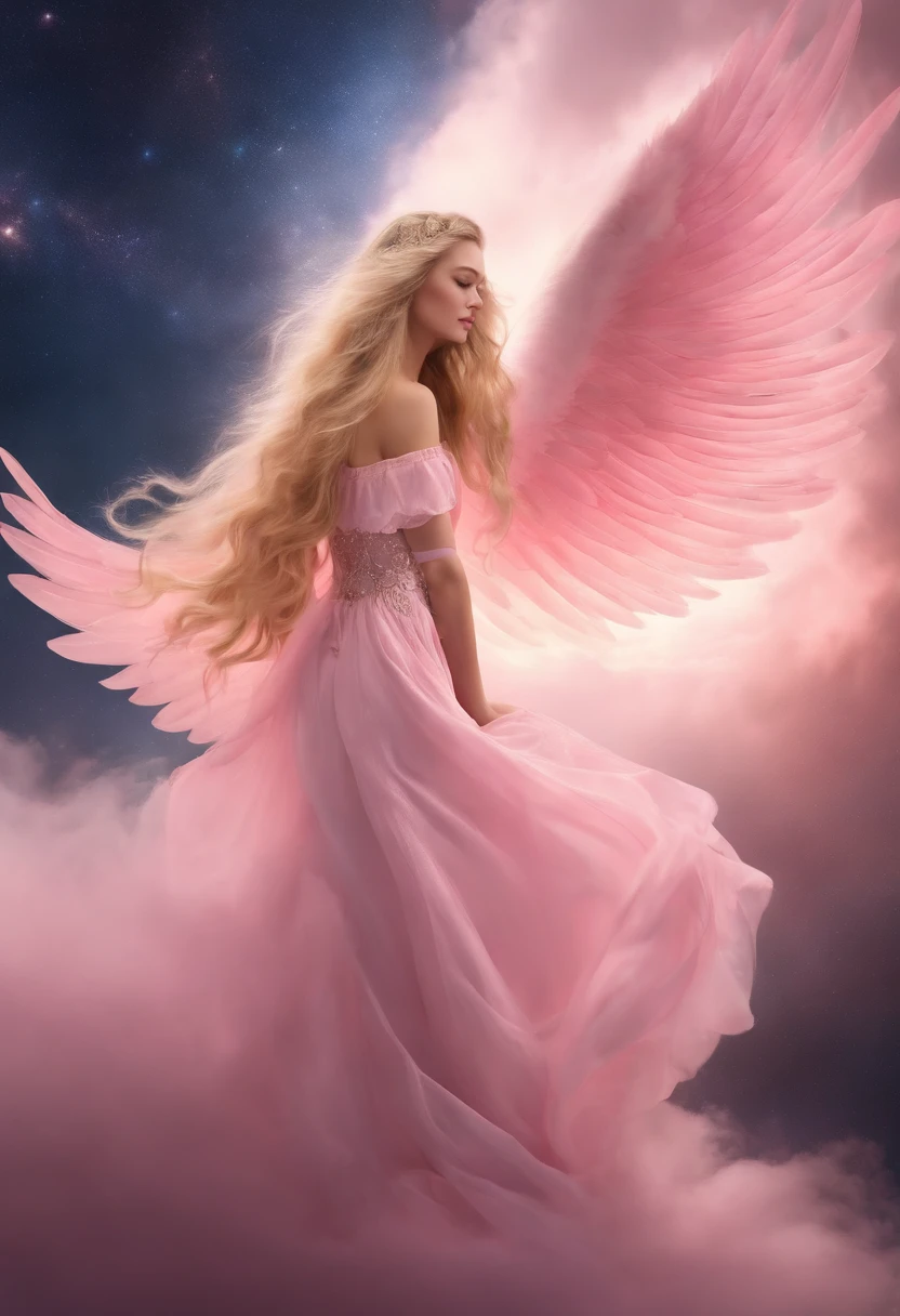 Small winged girl (light pink wings) is kneeling on a cloud, fair skin, long blonde hair, eyes (pink), Flying in the galaxy.