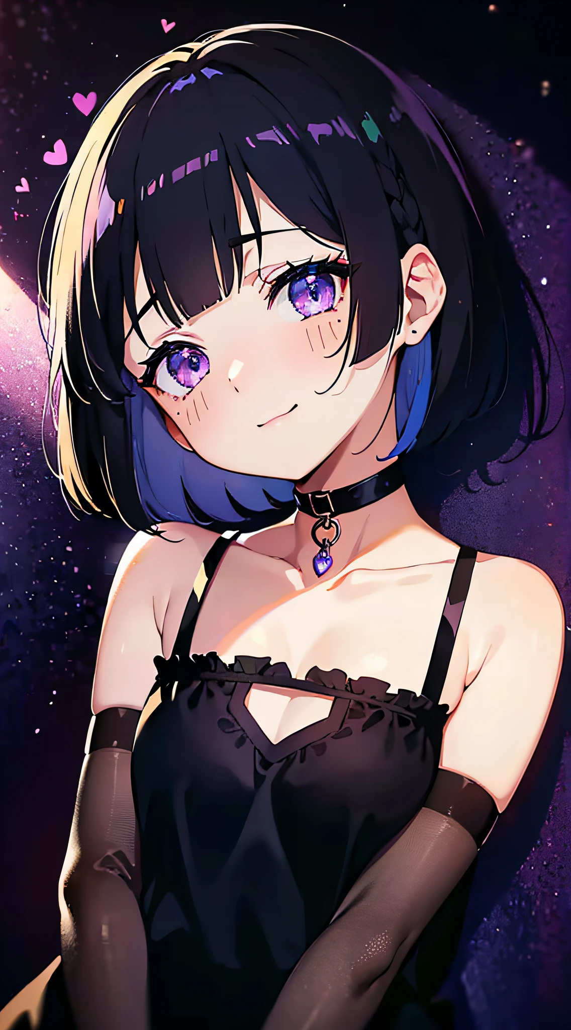 (masutepiece:1.3), (Best Quality:1.3), High resolution, Couboy Shot, on  back, Sleeping, (One Cute Girl:1.3), Solo, White skin, tiny chest, huge smile、eight-headed person, Iridescent hair, (bobhair:1.2), Mixed mesh and black hair color、Short hair, (Blunt bangs:1.2), Beautiful hair, Beautiful detailed eyes, ultradetailed eyes、Sparkling eyes,Iridescent aura around the eyes、iridescent eyes、Detailed eyes that are sucked in,blush, heart mark, Outdoors, Purple background, Gorgeous bedding, Top image quality、octans、Shadow lighting、full bodyesbian