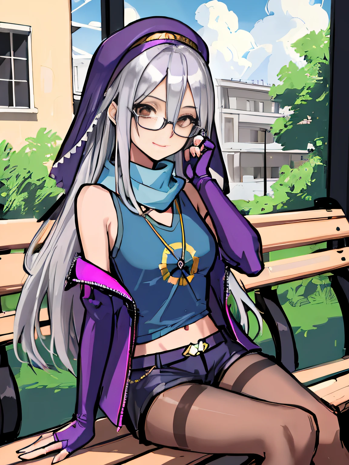 (absurdres, 8k, 4k, masterpiece, hyper extreme detailed:1.2), solo, 1girl, side view portrait, best quality, expressive eyes, perfect face, 1girl, portrait, solo, Female, mature female, adult, silver hair, brown eyes, light smile, birds, small bust, blue graphic t-shirt, blue scarf, shorts, long hair, straight hair, drawing, swept bangs, cowboy shot, half body, silver hair, expressive eyes, perfect eyes, cafe background, glasses, artist, artistic, creative, creativity, passion, passionate, friendly, sitting down, bench, cafe background, blue skies, sun, clouds, window, per_azura, light smile, graphic t-shirt, single leg purple pantyhose, necklace ,asymmetrical legwear, purple jacket, light blue tank top, shorts, purple hat, anklet, mouth veil, jewelry, fingerless gloves, elbow gloves,