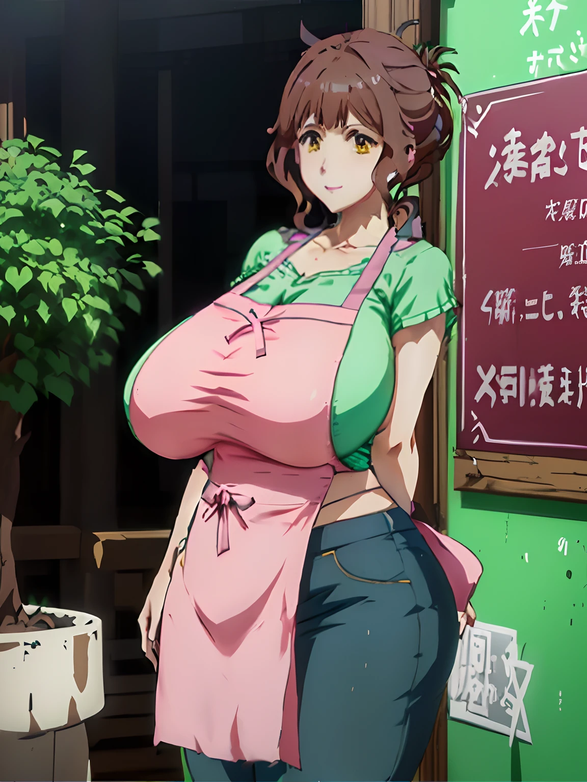 Anime character standing in front of a green building with a sign, oppai, oppai proportions, biomechanical oppai, Big breasts!, Big breasts!!, Makoto, with a big chest, Tanjiro Kamado, ( woman samurai ) girl, shirobako, makoto shinka, in front of ramen shop, anime still, with large breasts