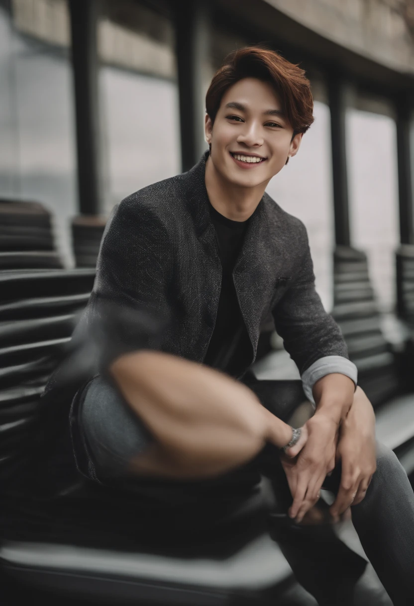 Bts jungkook , smiling, big doe eyes , bunny smile, purple dress , Jeon Jungkook, kpop star , Airport view, surrounded by fans , detailed face of Jungkook of bts, Round, borderlining a heart-shaped, face shape. This kind of face appears equal in length and width, with a rounded jawline and hairline