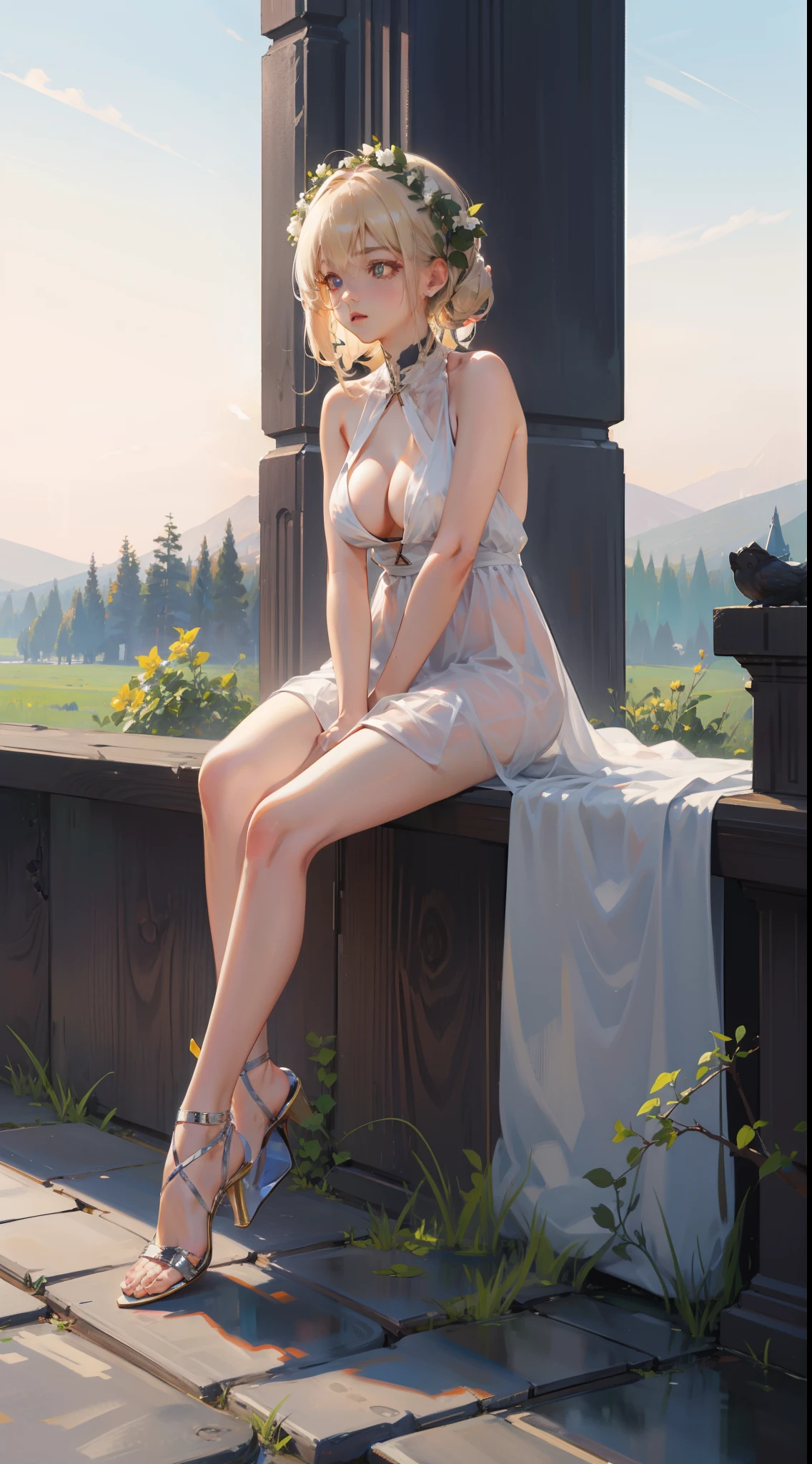 (Masterpiece),Best quality, Expressive eyes, Perfect face,W Seated, W sat on the ground, Legs on the ground, 1girll,
big breast, H-cup, Good breasts,Focalors, Cross arms, Beautiful, Gorgeous