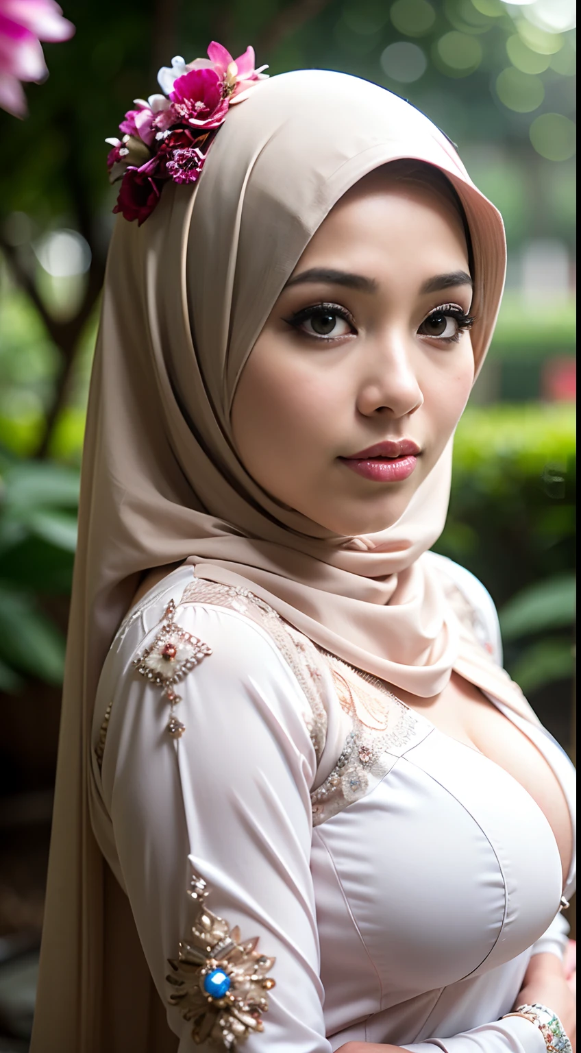 1 malay girl , modern plain hijab, shy, medium portrait shot , watery eyes ,lip watery, lip glossy, open mounth, ((big breast)), wear java wedding woman in kebaya dress berendra, kebaya batik, (big breast) , flower garden background, bokeh background, proportional body,