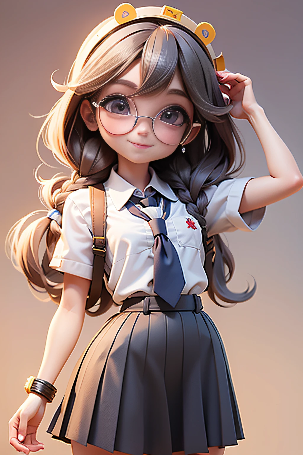 Loli linda chica, cuerpo completo, Cabello atascado, cabello suelto, tetas grandes, gafas, ojos detallados, Sonrisa detallada, ((Schoolgirl)), (), Modelar , Detalles detallados, Mostrar la espalda a la cama, holographic,  Fondo color gris