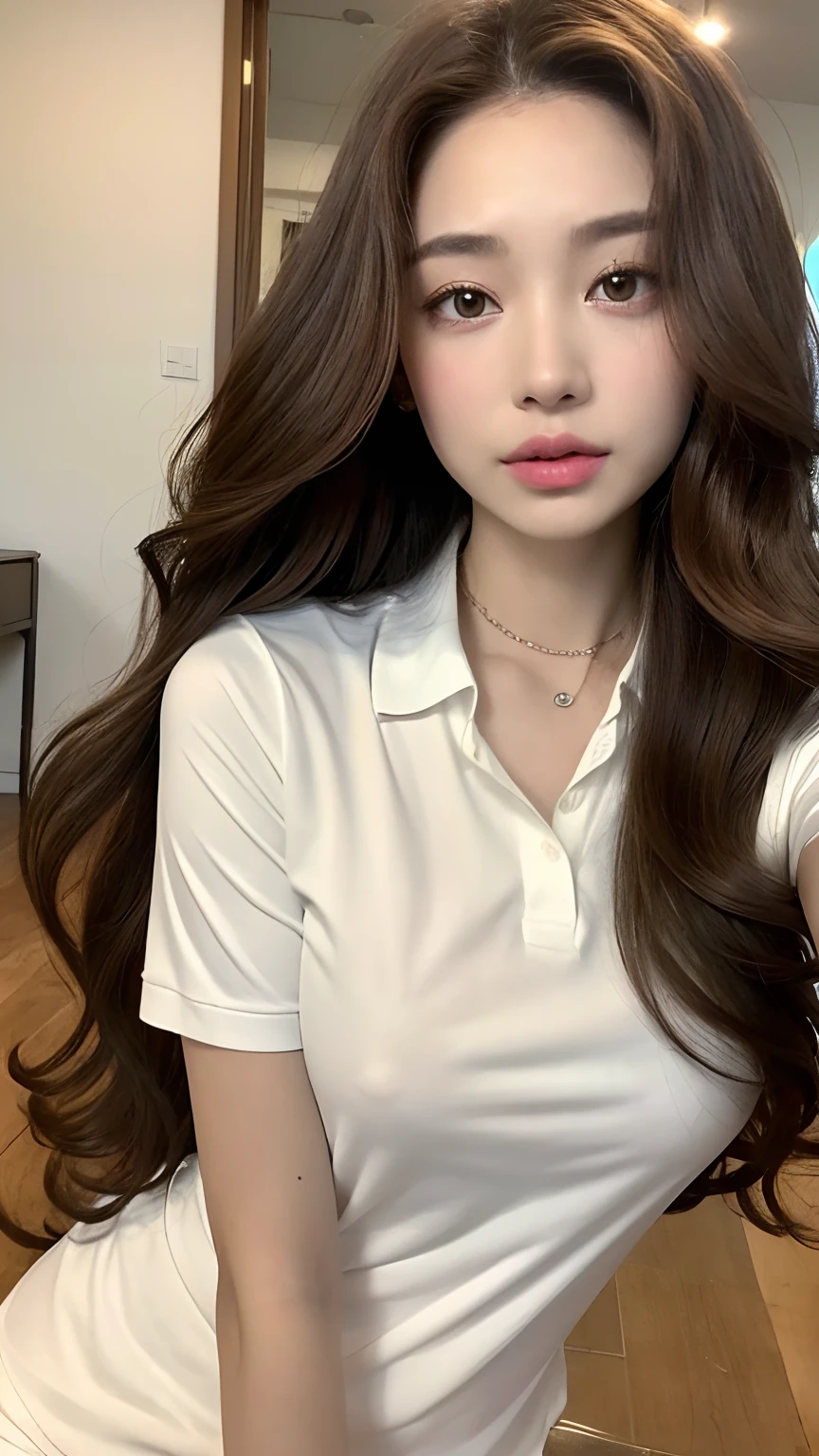 ((best qualtiy, 8K, tmasterpiece:1.3)), Focus:1.2, perfect figure beautiful woman:1.4, Cocked buttocks:1.2, ((Random Long Hairstyle In Big Curls) ((Brown BIg Wavy Hair))(Long white legs:1.3,(Polo shirt:1.2) , (inside in room: 1.2), Highly detailed facial and skin texture, A detailed eye, 二重まぶた,Whiten skin,(Straight big breasts:1.3), looking at camera, Wear a necklace,