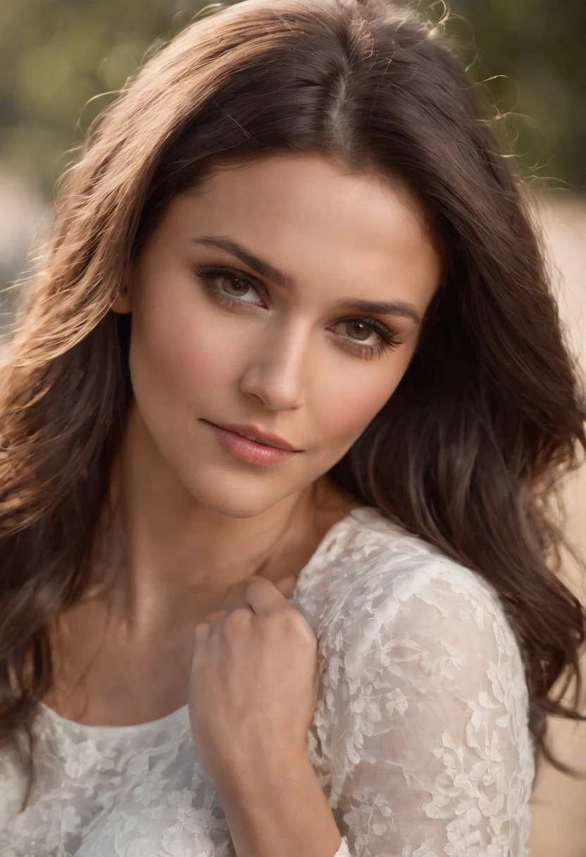 beautiful model woman, 40years old, smiling, looking at camera, brunette hair, large breasts,white bra flower garden