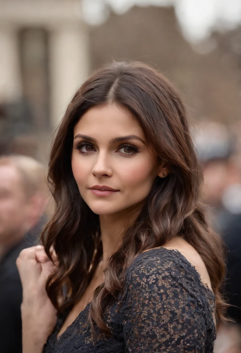 (melhor qualidade,Altas:1.2),(Realistic:1.37),Rosto detalhado, foto fotorrealista, em uma cidade movimentada, A Sexy Mom (O rosto de Nina Dobrev) e seu lindo filho de quatro anos (boy) (cabelos loiros e olhos brilhantes) tecer pelas ruas, their hands clenched tightly as they explored the sights.