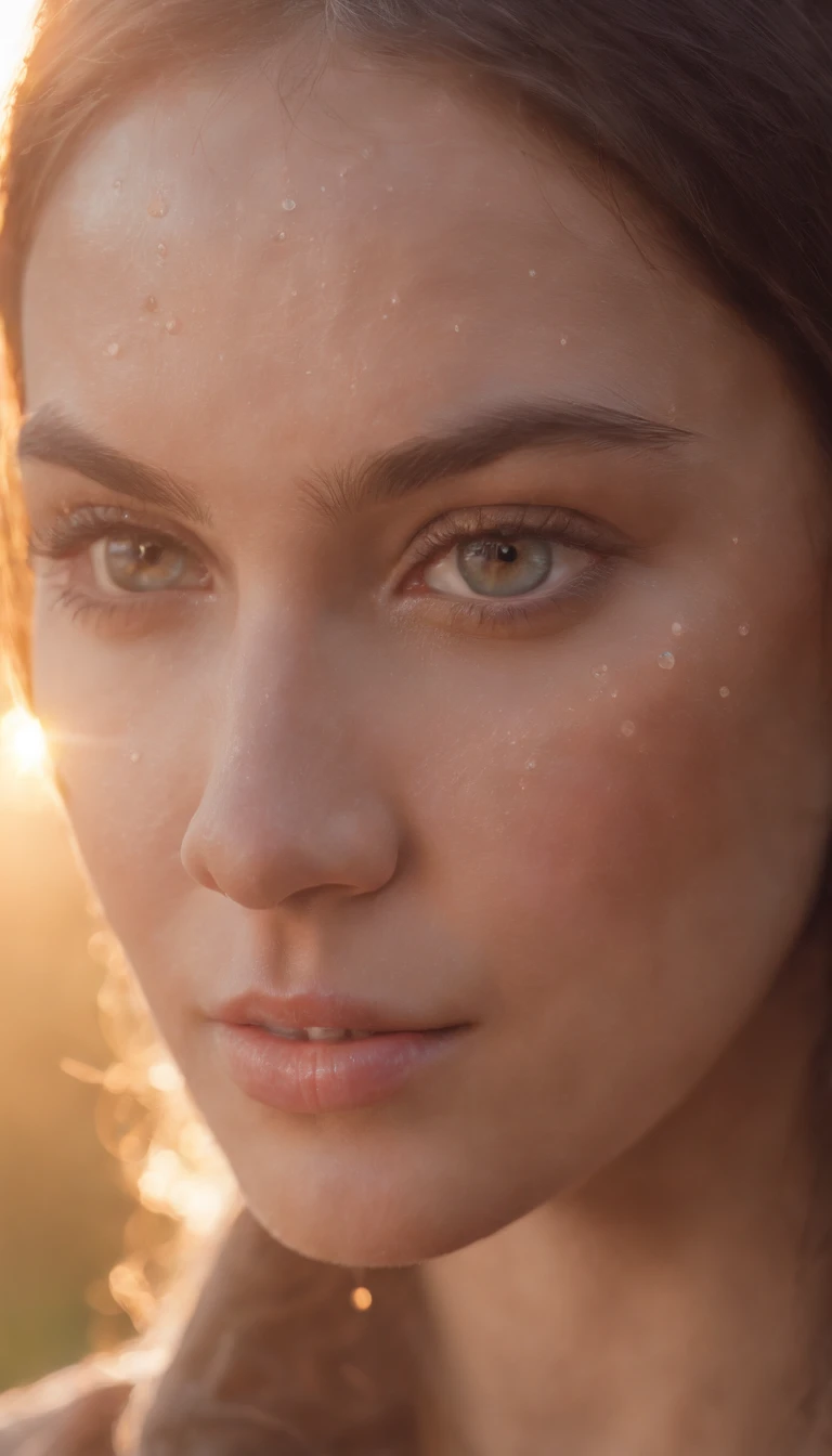 professional close-up photography of a beautiful ::transparent womans face made of dripping resin looking at the sun going down, light glossy pastel resincolors, 3d effects, high resolution, backlight, frontlight, soft lighting, golden hour lighting --no blur, illustration, extra nose, extra eyes, extra ears, --v2 -