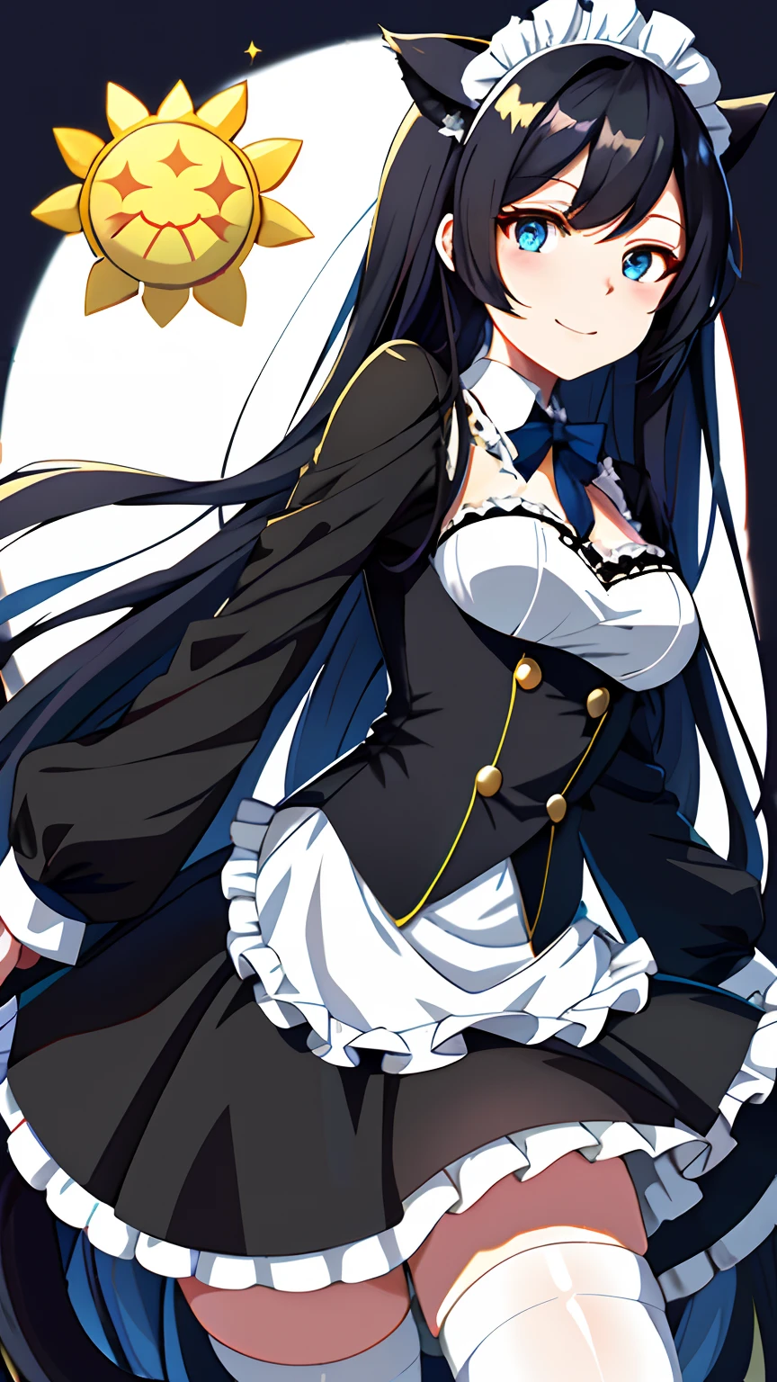 anime character with blue eyes and long black hair in a maid outfit, vampire cat-girl, fangs, anime moe artstyle, anime girl in a maid costume, albedo from overlord, anime cat girl in a maid costume, small skirt, black cat tail, ??????????????, stockings, perfect slim body, regular muscles, albedo from the anime overlord, azur lane style, from the azur lane videogame, hestia, shikamimi