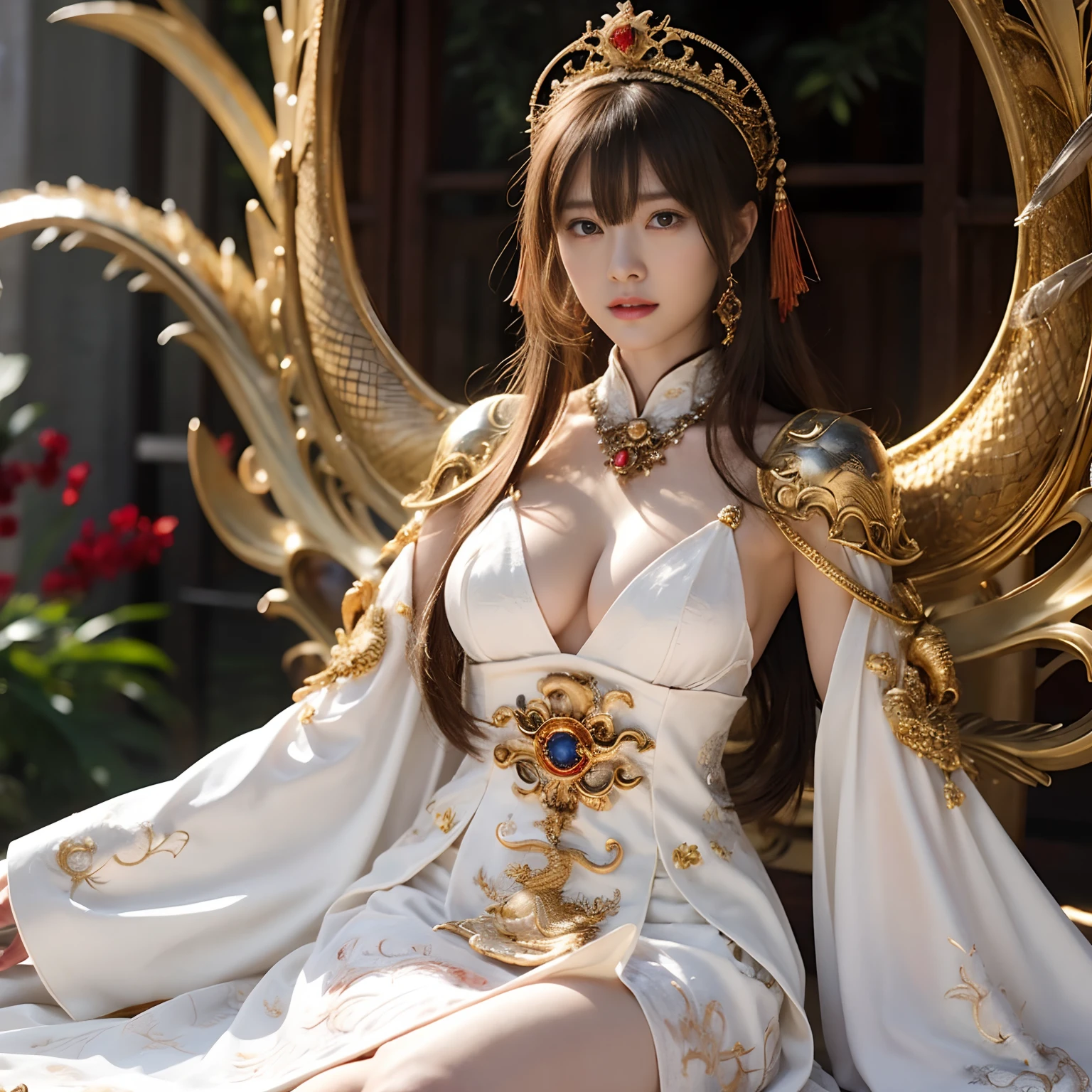 (Fight fiercely with dragons)、top-quality、​masterpiece、超A high resolution、（White Dragon Armor）、dragon armor、(Wearing a beautiful crown made of jewels),(Photorealsitic:1.4)、Raw photo、1人、Golden hair、glowy skin、(((Chinese Dragon)))、（Gorgeous Jewelry Necklaces）、（Mystical expression）、（Fight big dragons）、With a beautiful knife、（White Metal Bodysuit）、(beautiful forest background)、Precipitous cliffs、(Small LED)、((super realistic details))、portlate、globalillumination、Shadow、octan render、（One-Eyed Scouter）、8K、ultrasharp、Colossal tits、Raw skin is exposed in cleavage、metals、Details of complex ornaments、Japan details、highly intricate detail、Realistic light、CGSoation Trends、Red Eyes、radiant eyes、Facing the camera、neon details、(Mechanical limbs)、(blood vessels connected to tubes)、Mechanical vertebrae attached to the back、mechanical cervical attaching to neck、(Wires and cables connecting to the head)、Gundam、Small LED、,Mechanical thighs、Toostock、（Hands are also made of machines）、（veils）、