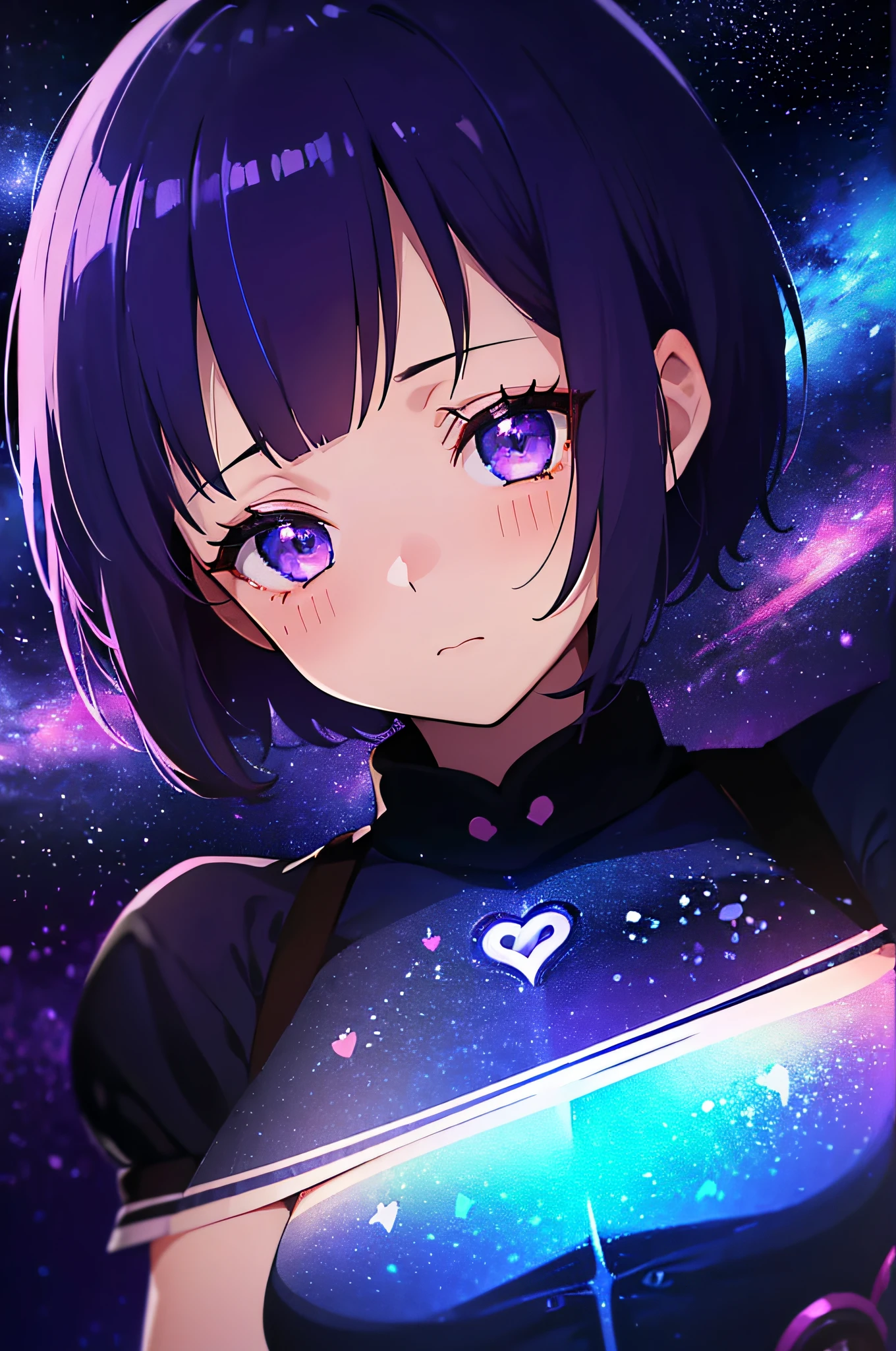 (masutepiece:1.3), (Best Quality:1.3), High resolution, Couboy Shot, on back, Sleeping, (One Cute Girl:1.3), Solo, White skin, tiny chest, eight-headed person, Purple hair, (bobhair:1.2), Mixed mesh and light blue、Short hair, (Blunt bangs:1.2), Beautiful hair, Eyes are purple, Beautiful detailed eyes, ultradetailed eyes、Sparkling eyes、octans,cloud,colorful starry,stars,Iridescent aura around the eyes、Iridescent eyes、Detailed eyes that are sucked in,blush, heart mark, Outdoors, Purple background, Shadow lighting,On the glittering sea