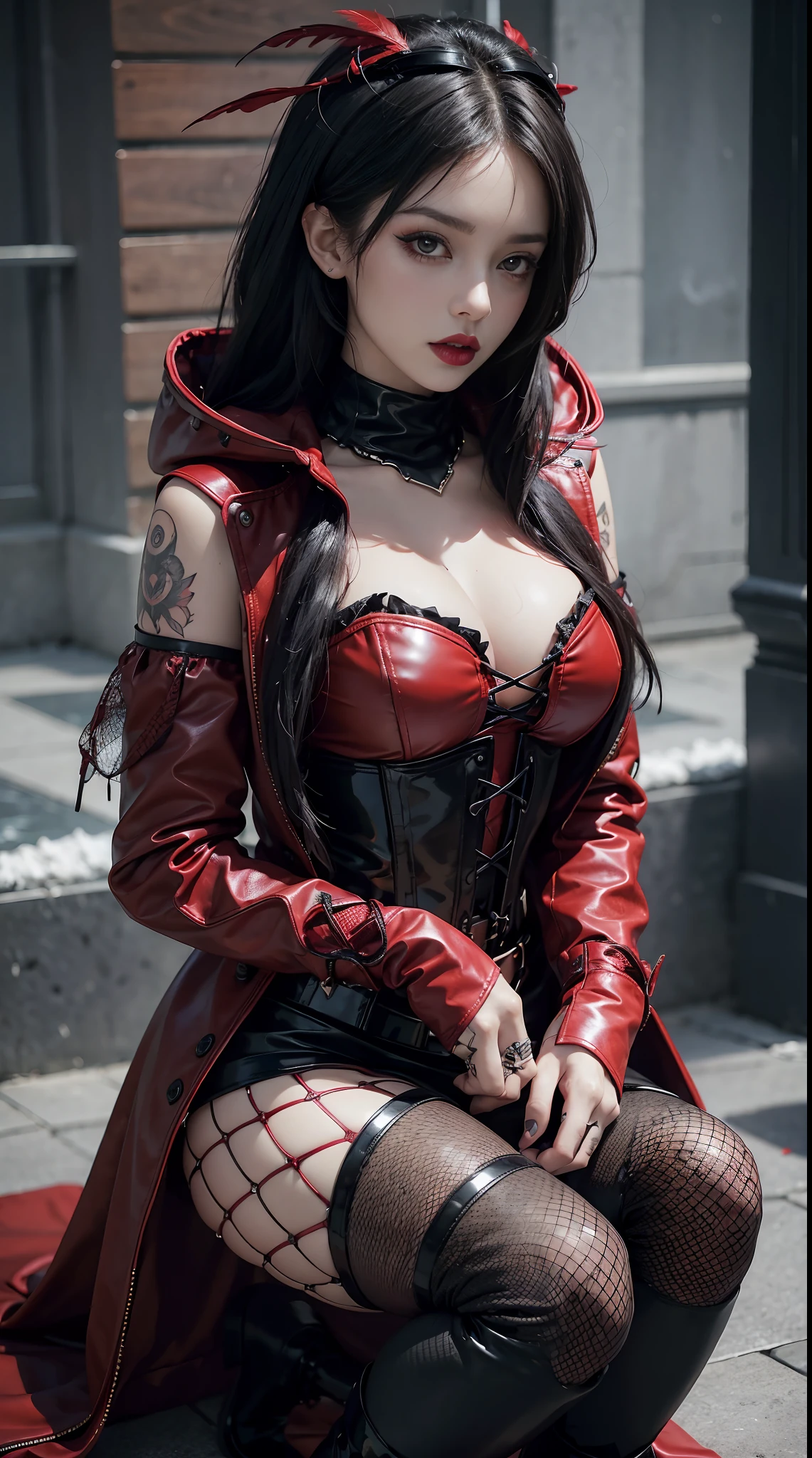gothGals，Tattooed with，She wears a stud PVC corset，red colour，There are feathers on the shoulders, wind coat，kneehigh boots，(fish net leggings).