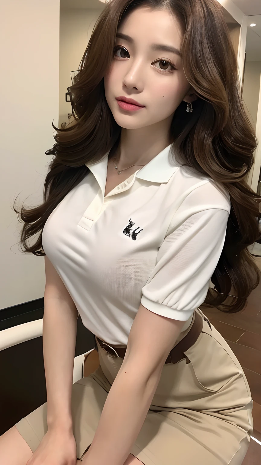 ((best qualtiy, 8K, tmasterpiece:1.3)), Focus:1.2, perfect figure beautiful woman:1.4, Cocked buttocks:1.2, ((Random Long Hairstyle In Big Curls) ((Brown BIg Wavy Hair))（Long white legs：1.3，(Polo shirt:1.2) , (inside in room: 1.2), Highly detailed facial and skin texture, A detailed eye, 二重まぶた，Whiten skin，（Straight big breasts：1.3), looking at camera, Wear a necklace，